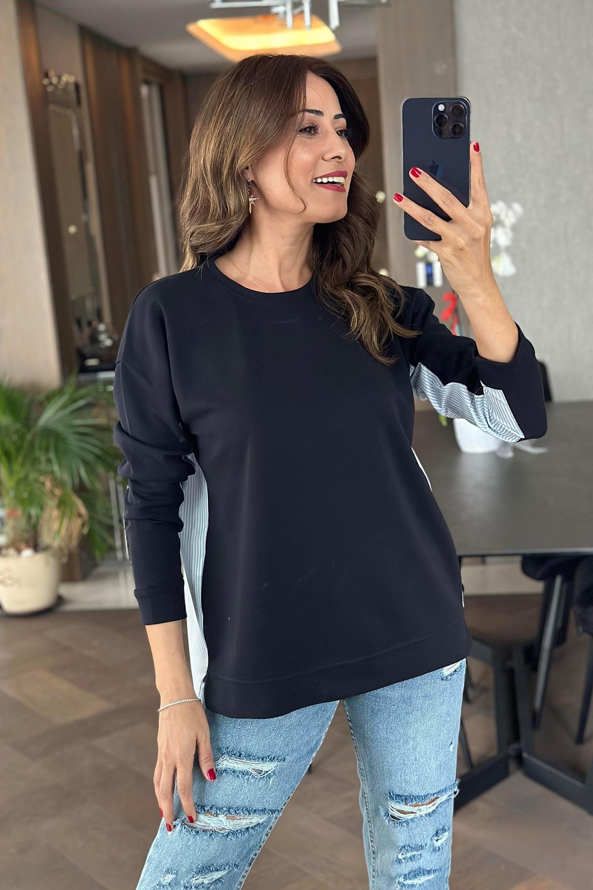 ARKASI GÖMLEK DETAYLI UZUN KOLLU İNCE SWEAT LACİVERT