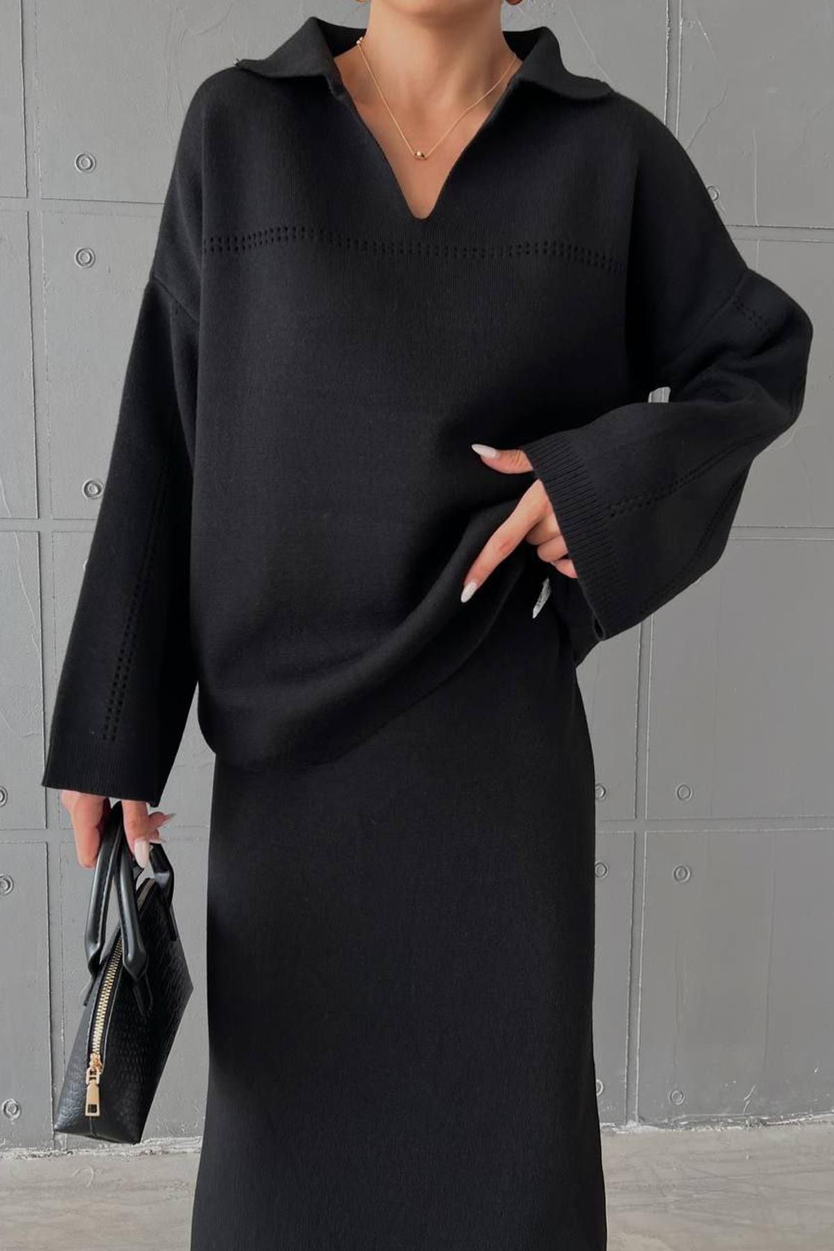 ETEKLİ AJURLU TRİKO TAKIM SİYAH