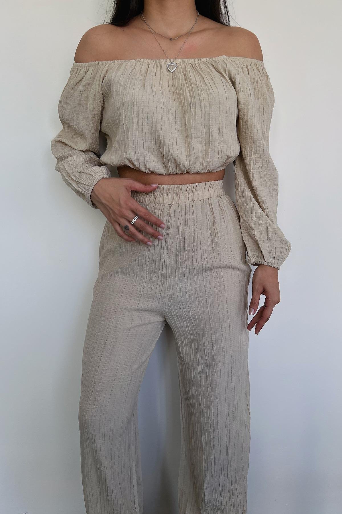 KAYIK YAKA GOFRE TAKIM BEJ