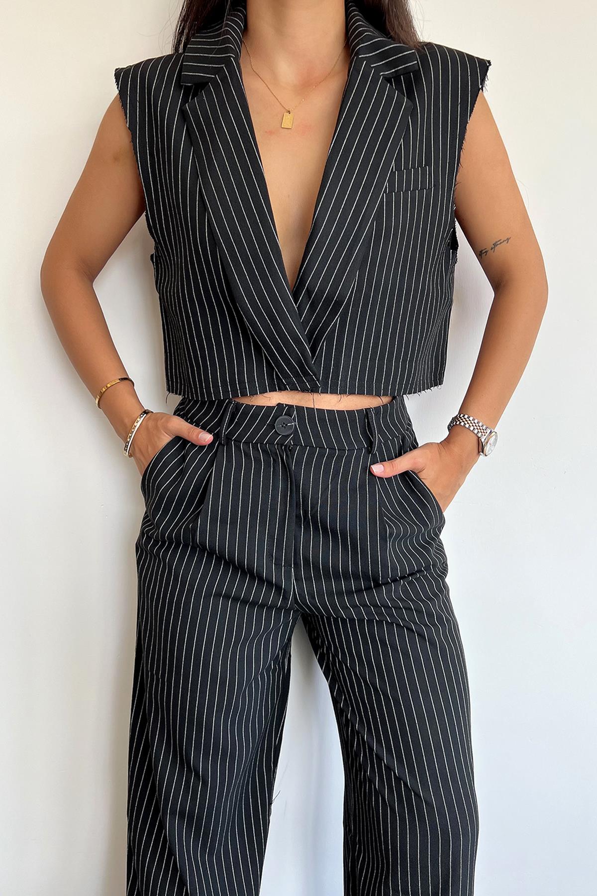 YELEK PANTOLON ÇİZGİLİ TAKIM SİYAH