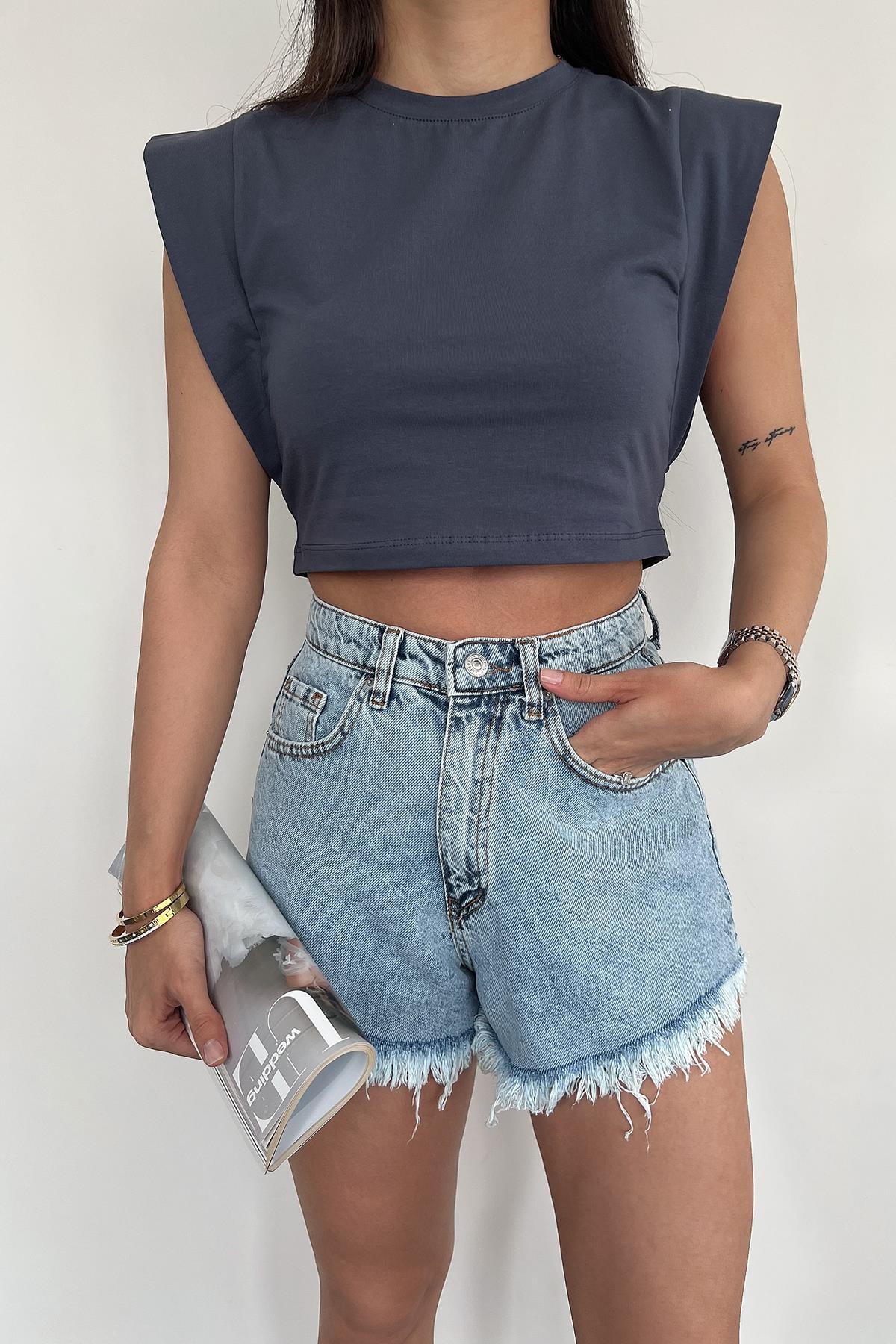 VATKA GÖRÜNÜMLÜ SIFIR KOL CROP BLUZ ANTRASİT