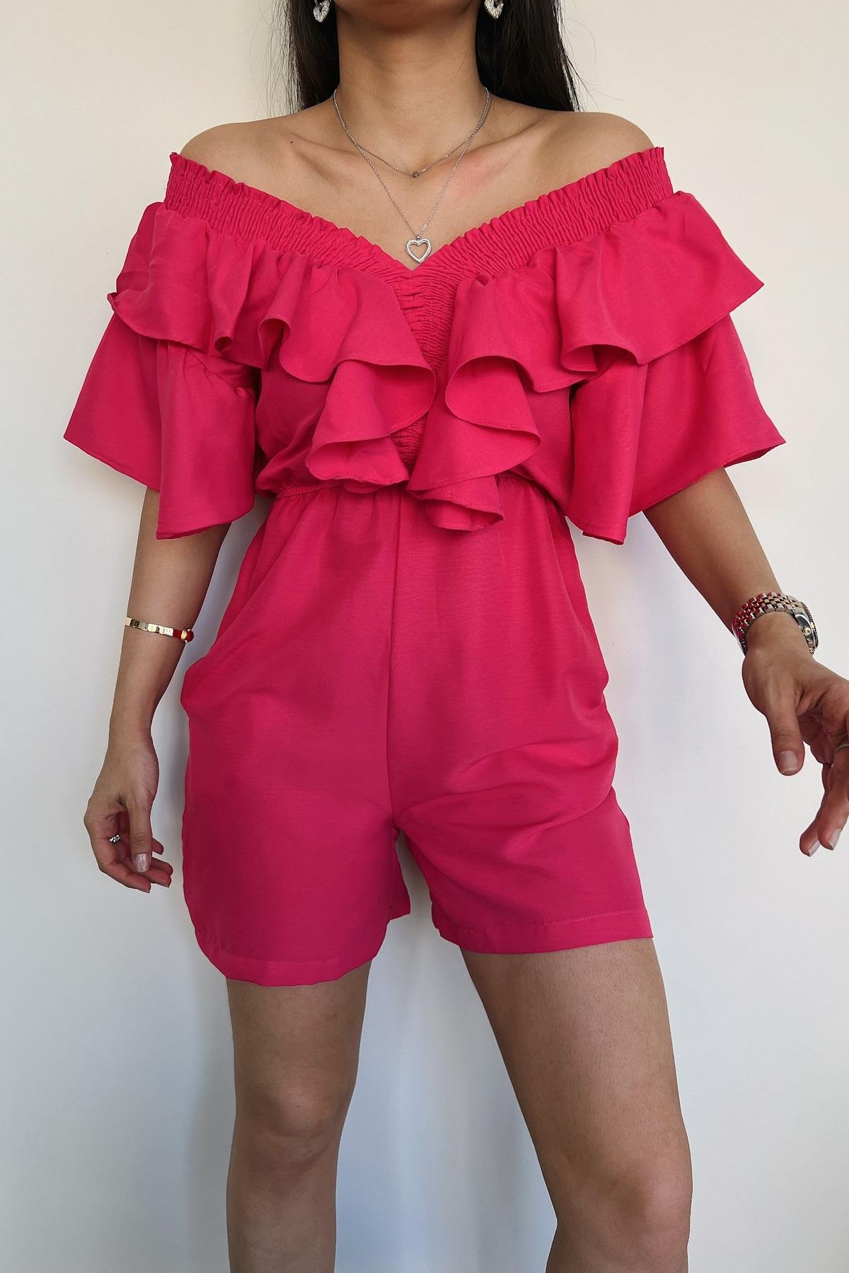 YAKASI FIRFIRLI ŞORT TULUM FUŞYA