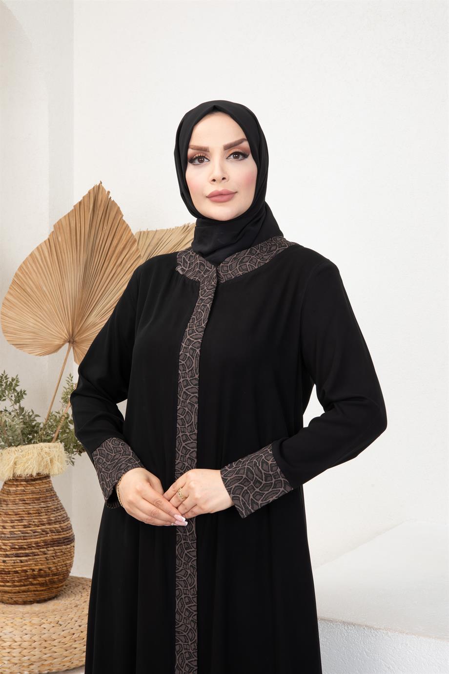 Medine İpeği Leopar Desenli Siyah Ferace