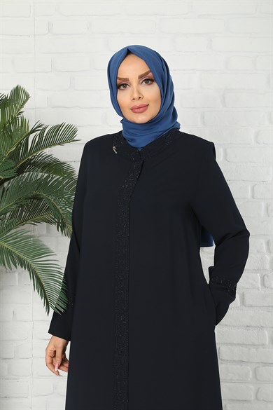 Fermuarlı Taşlı Lacivert Ferace
