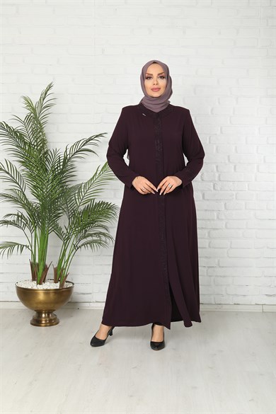 Fermuarlı Taşlı Mürdüm Ferace