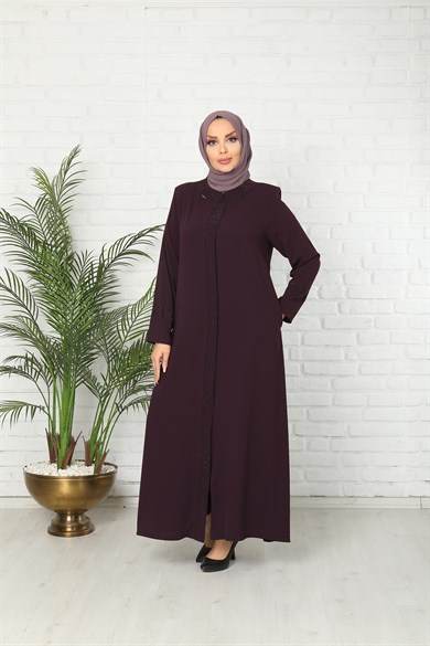 Fermuarlı Taşlı Mürdüm Ferace