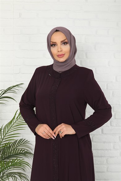 Fermuarlı Taşlı Mürdüm Ferace