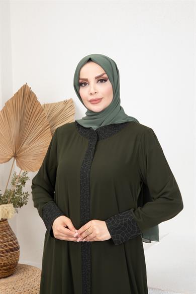 Medine İpeği Haki Desenli Ferace