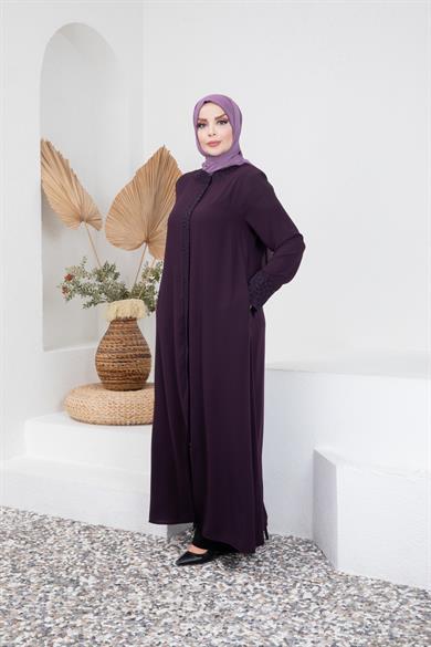 Medine İpeği Mürdüm Desenli Ferace