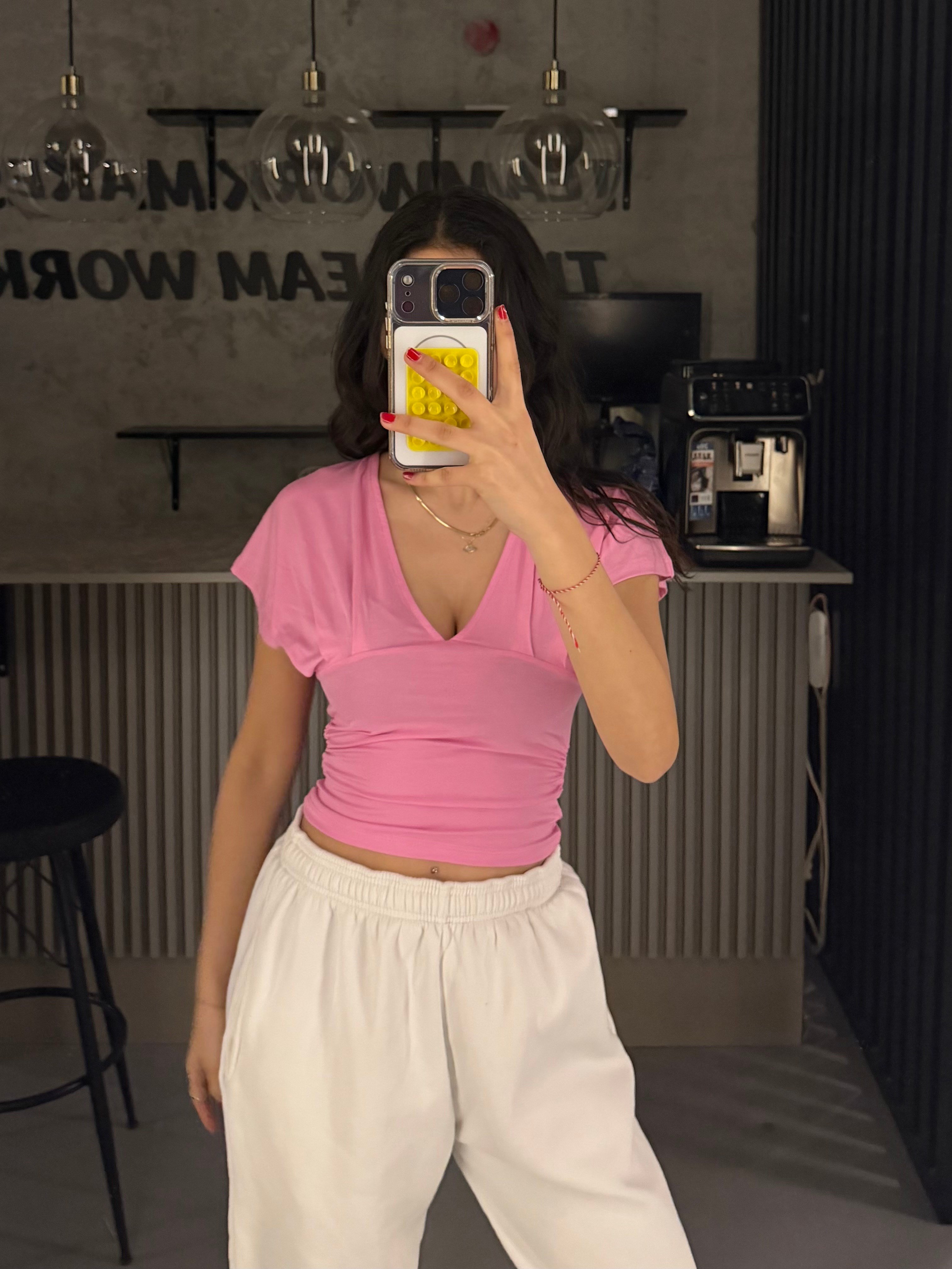 BAĞLAMALI PEMBE KISA KOL BLUZ