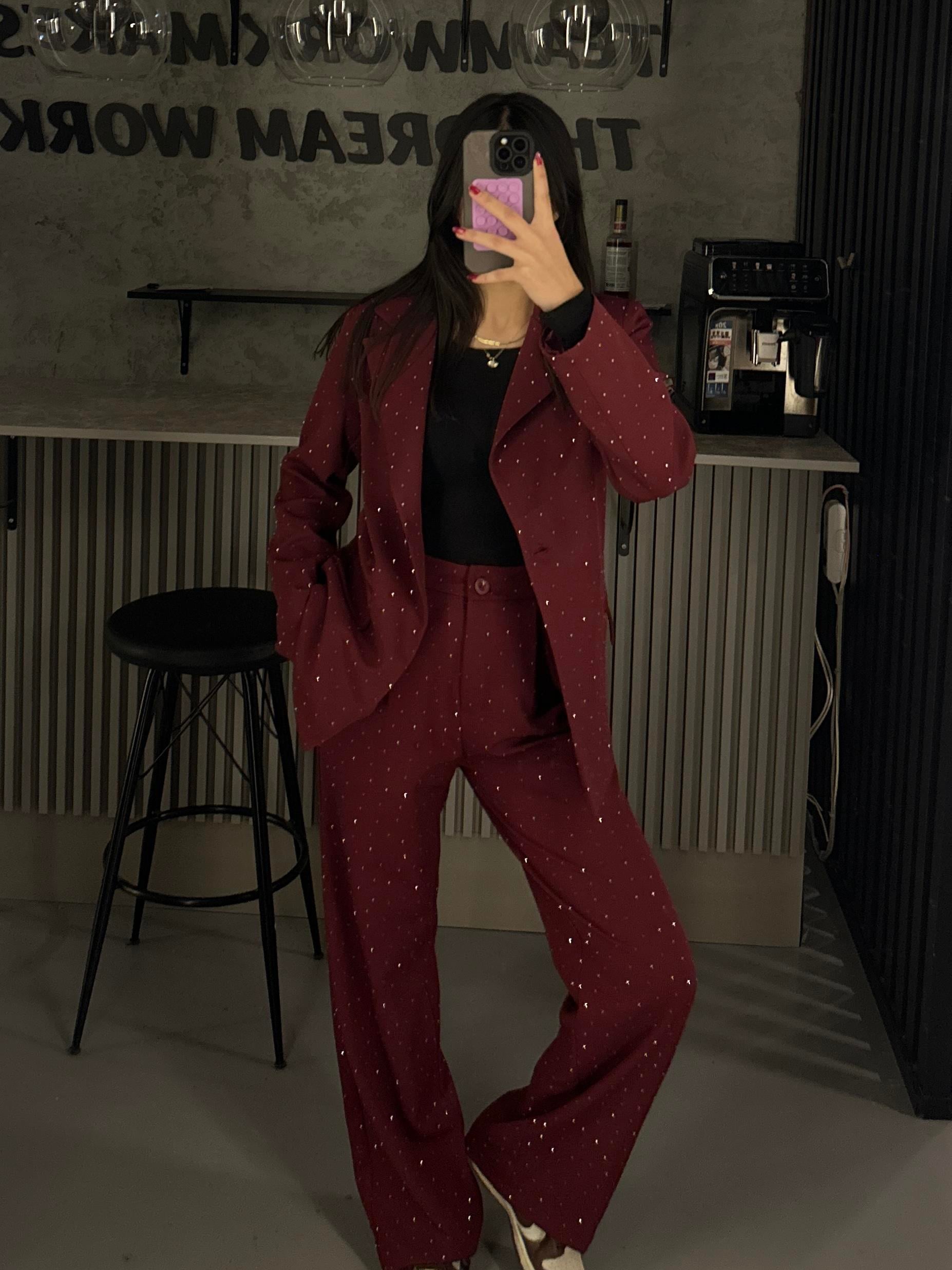 BORDO BLAZER TAŞLI CEKET TAKIM