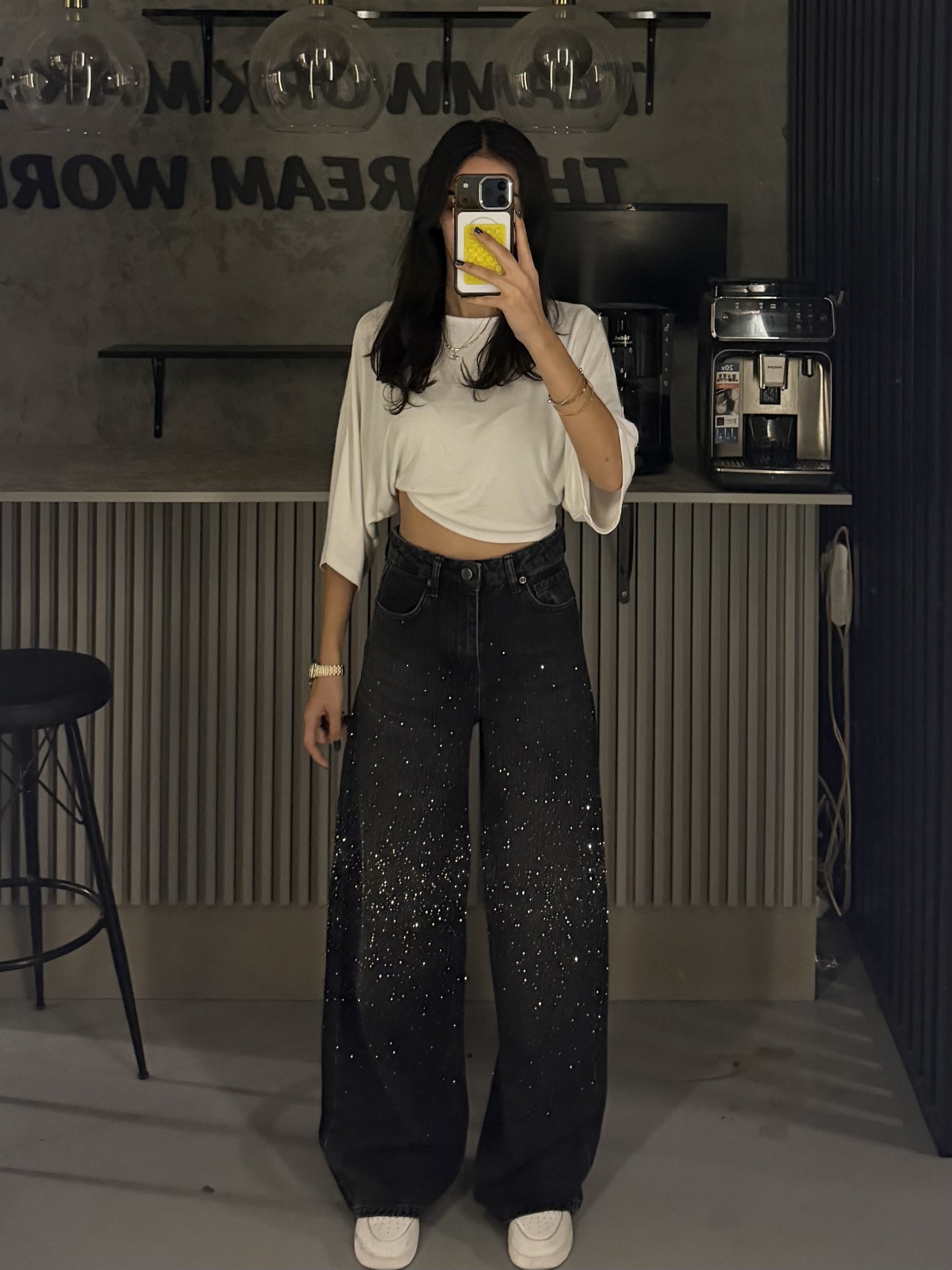 FULL TAŞLI ANTRASİT DİZ YOĞUNLUKLU WIDE LEG JEAN