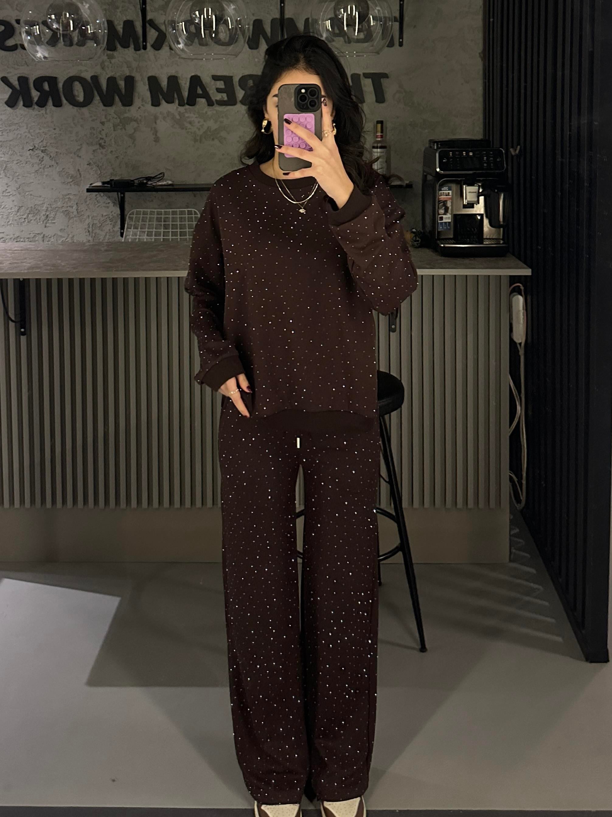 FULL TAŞLI KAHVE MODAL KUMAŞ SWEAT TAKIM 
