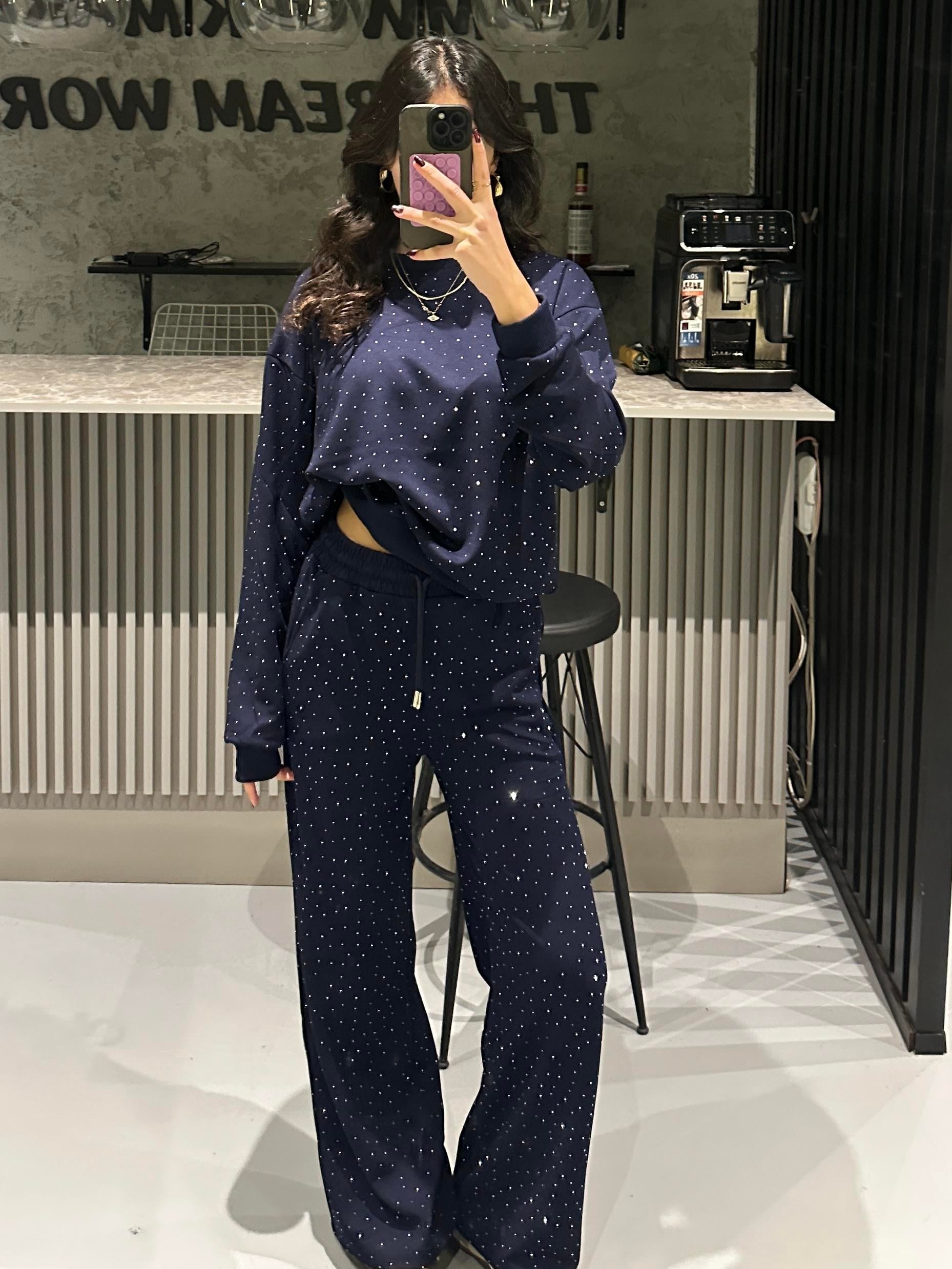 FULL TAŞLI LACİVERT MODAL KUMAŞ SWEAT TAKIM 