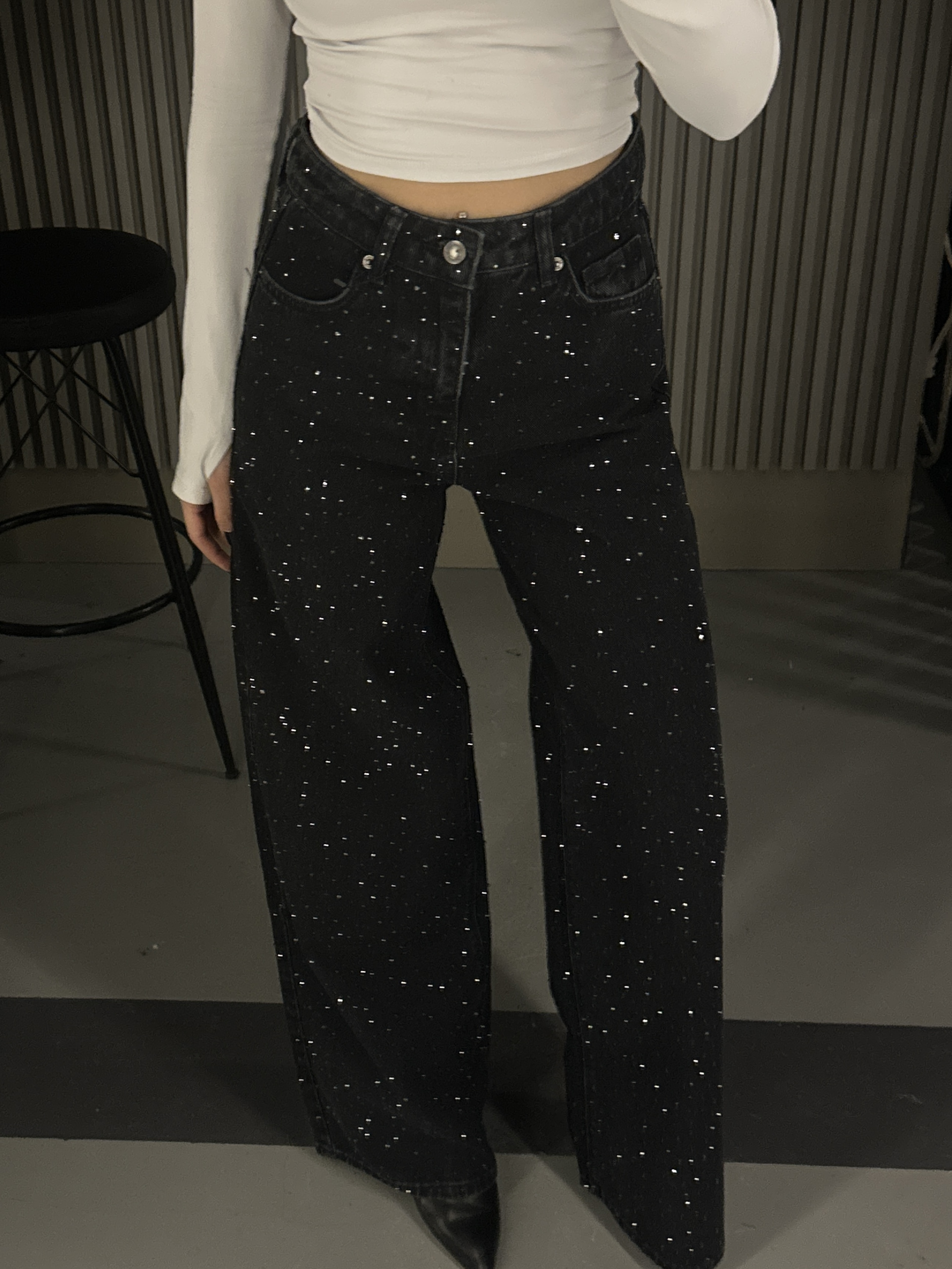 FULL TAŞLI SİYAH YÜKSEK BEL  WIDE LEG JEAN