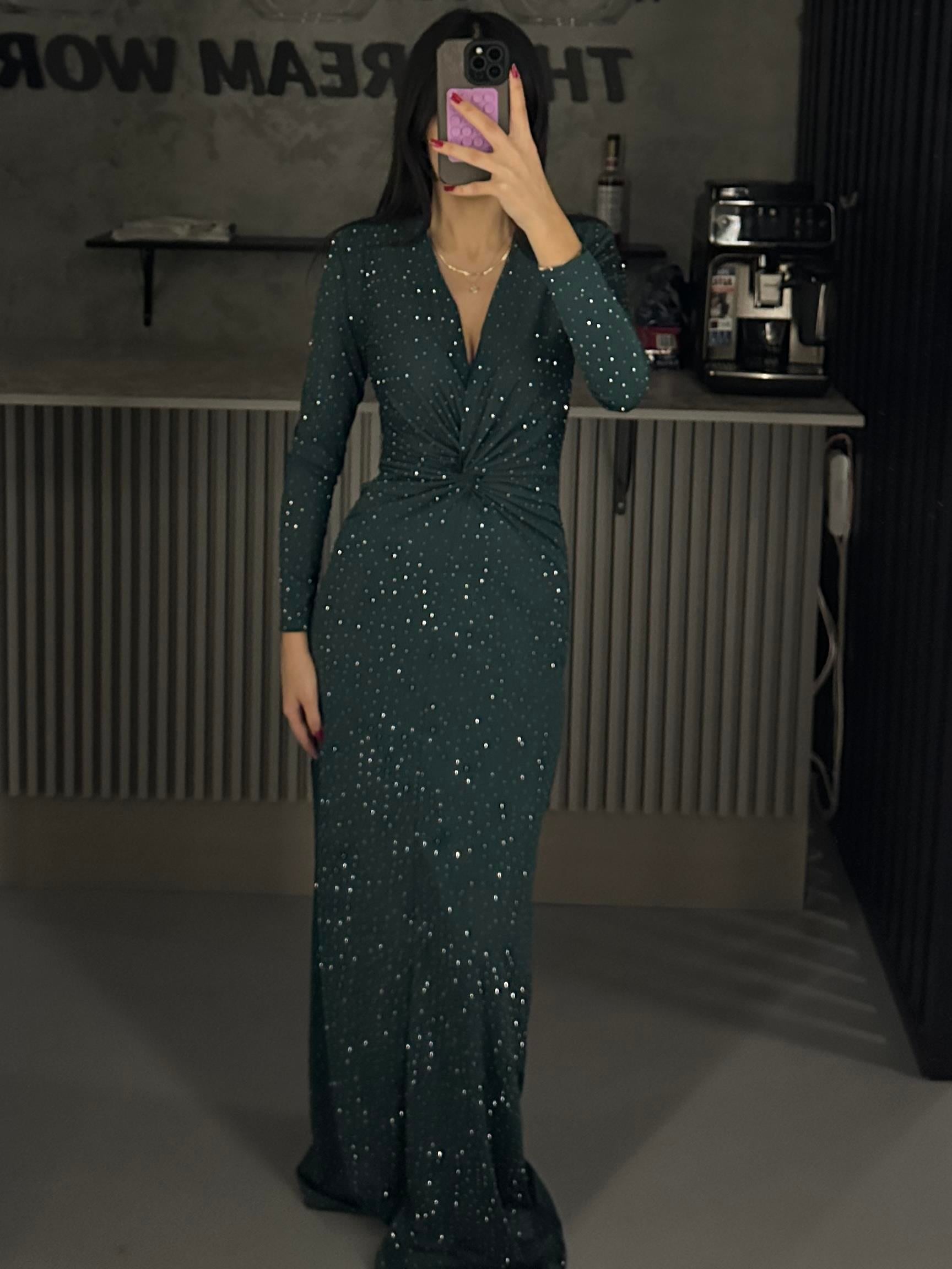 FULL TAŞLI YEŞİL GÖĞÜS DETAY ELBİSE