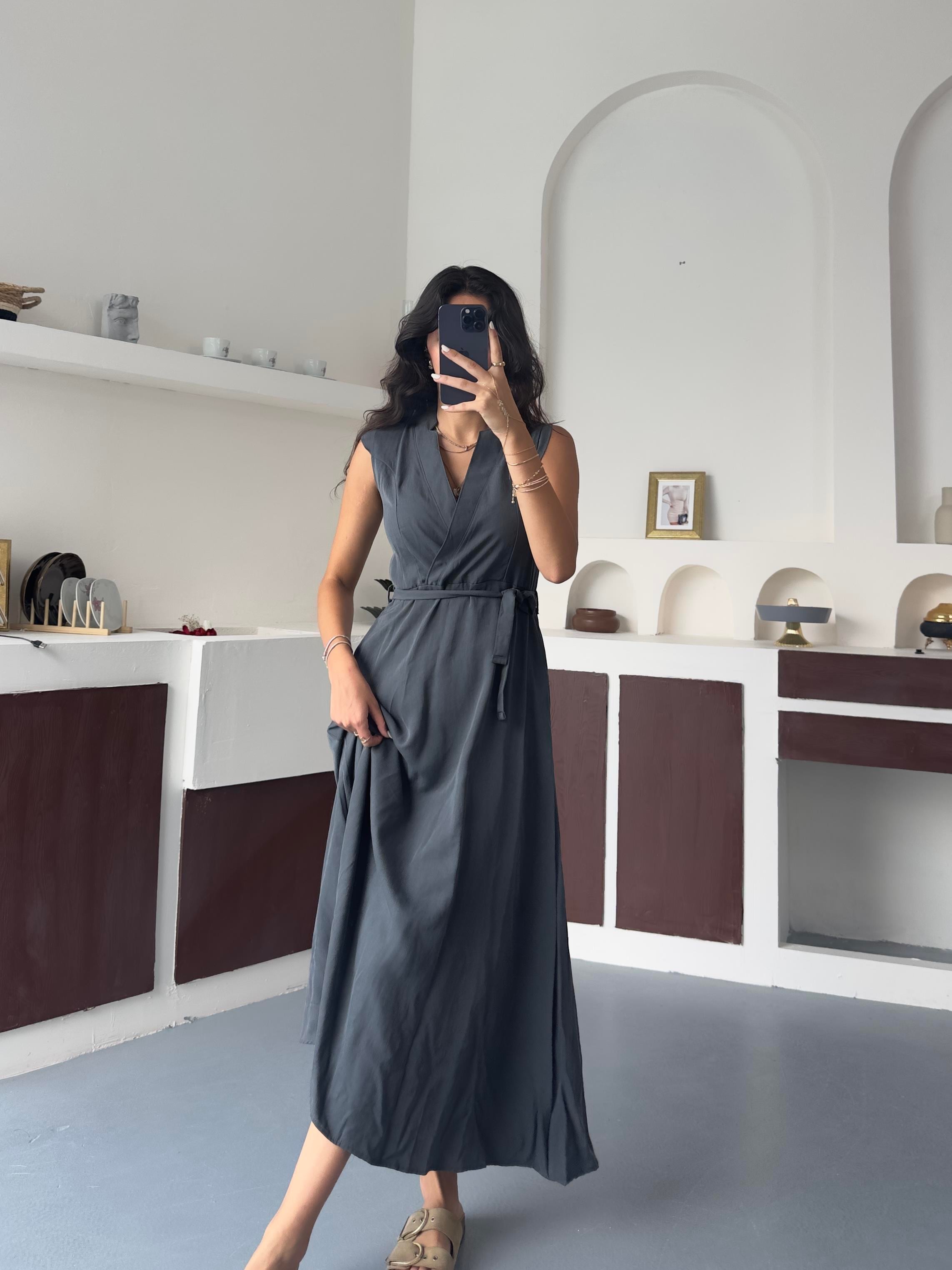 FÜME MODAL KUMAŞ BAĞLAMALI  ELBİSE