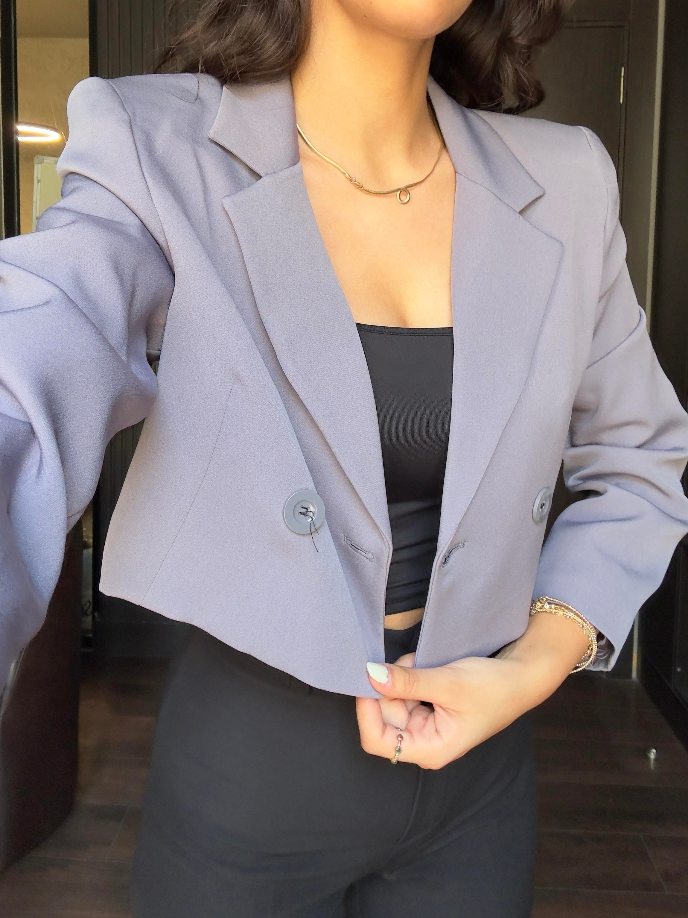 GRİ CROP BLAZER CEKET