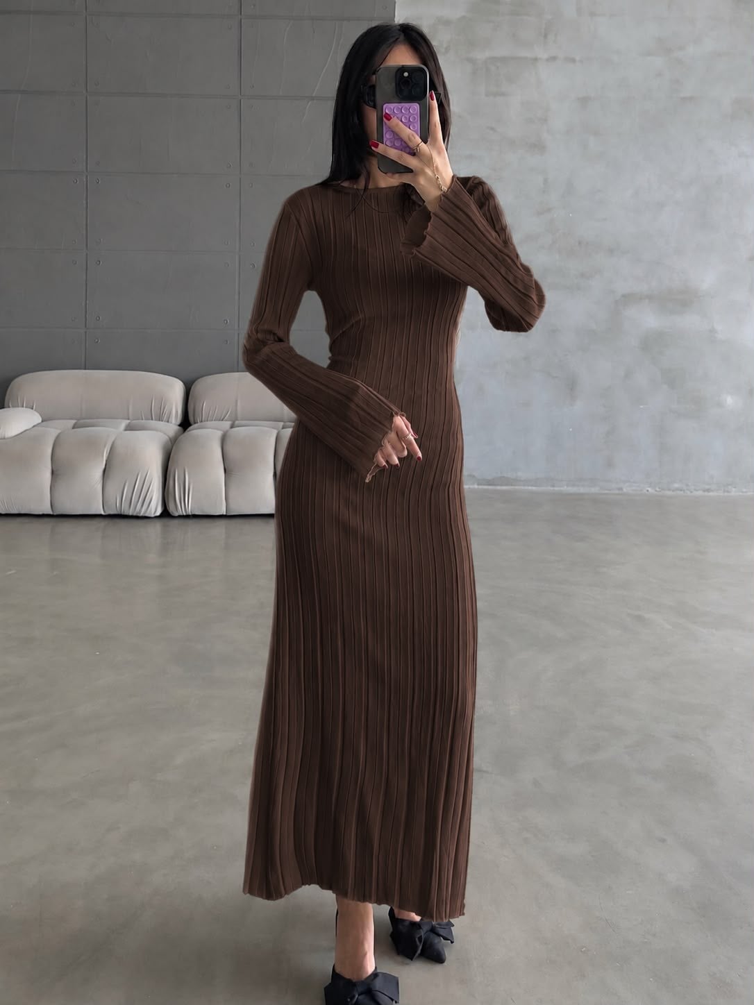KAHVE BAĞLAMALI TRİKO ELBİSE 