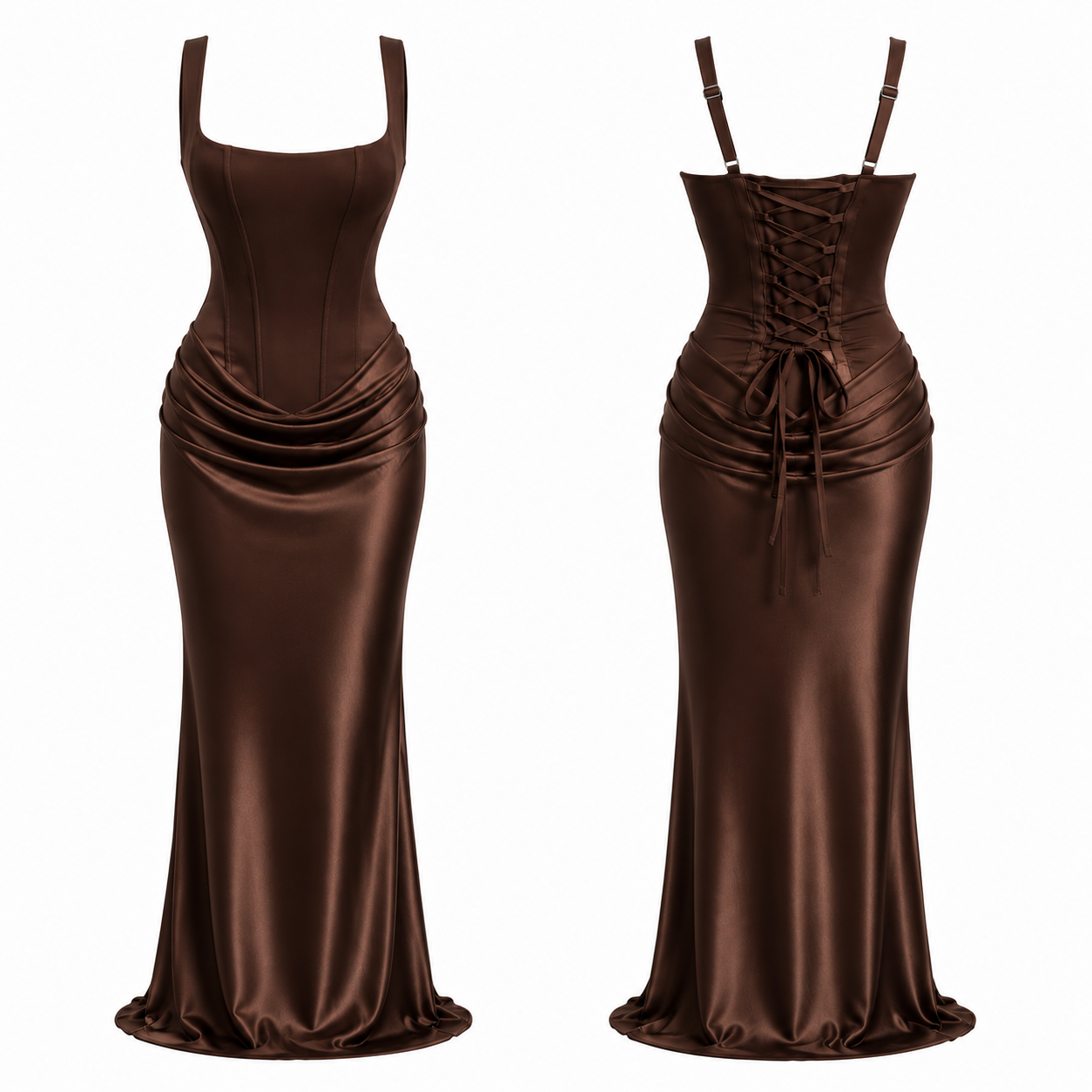KAHVE BALEN DETAYLI MAXİ BOY ELBİSE 