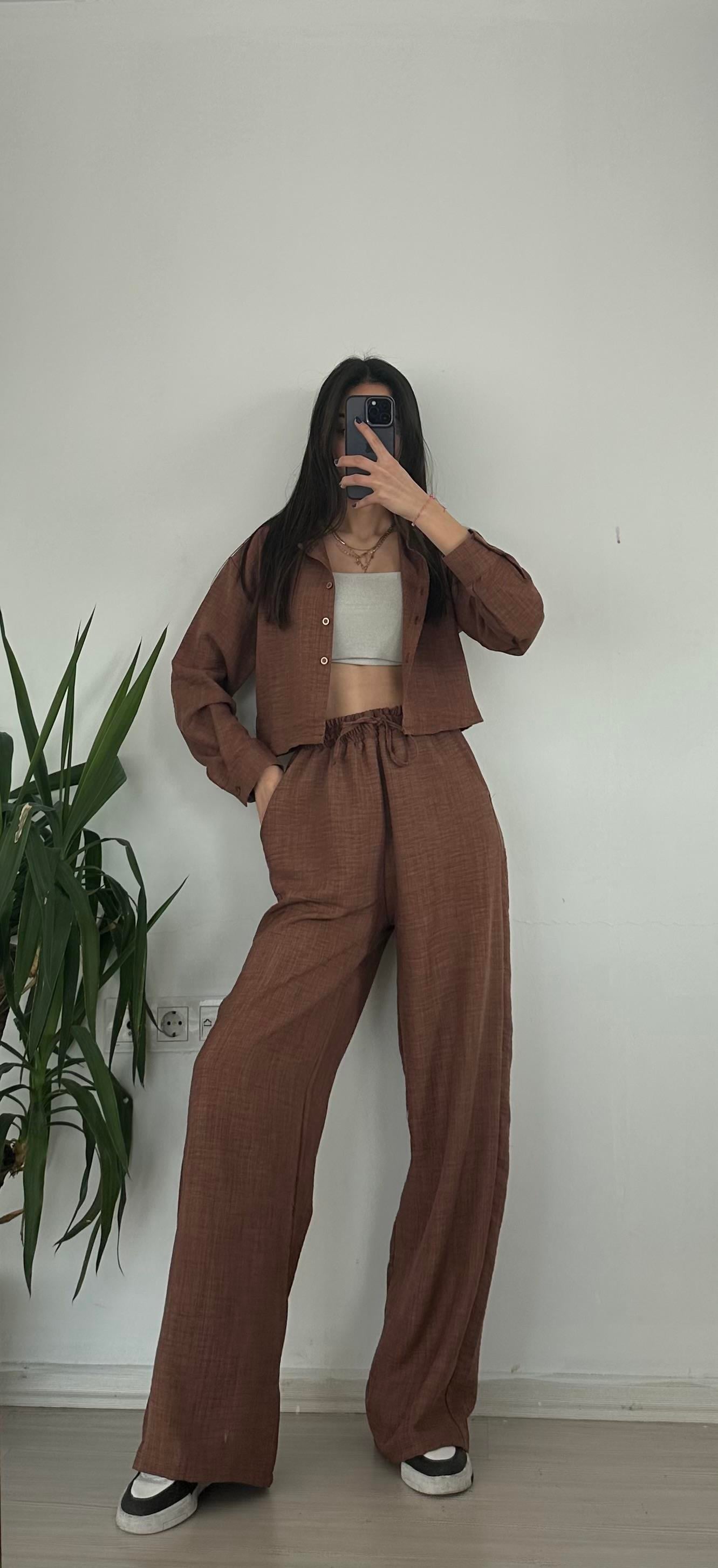 KAHVERENGİ KETEN CROP GÖMLEK PANTOLON TAKIM