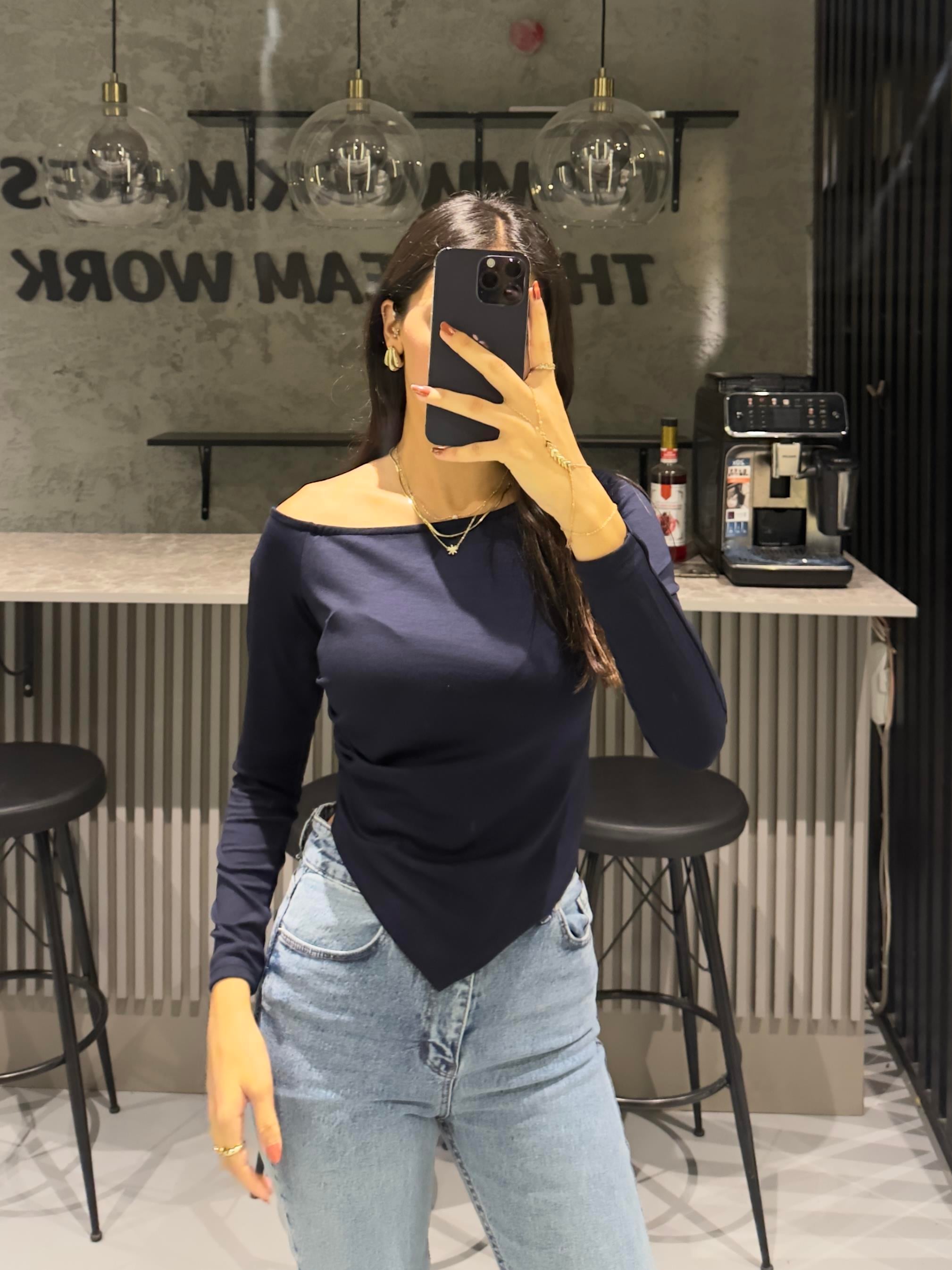 LACİVERT ASİMETRİK UZUN KOLLU BODY
