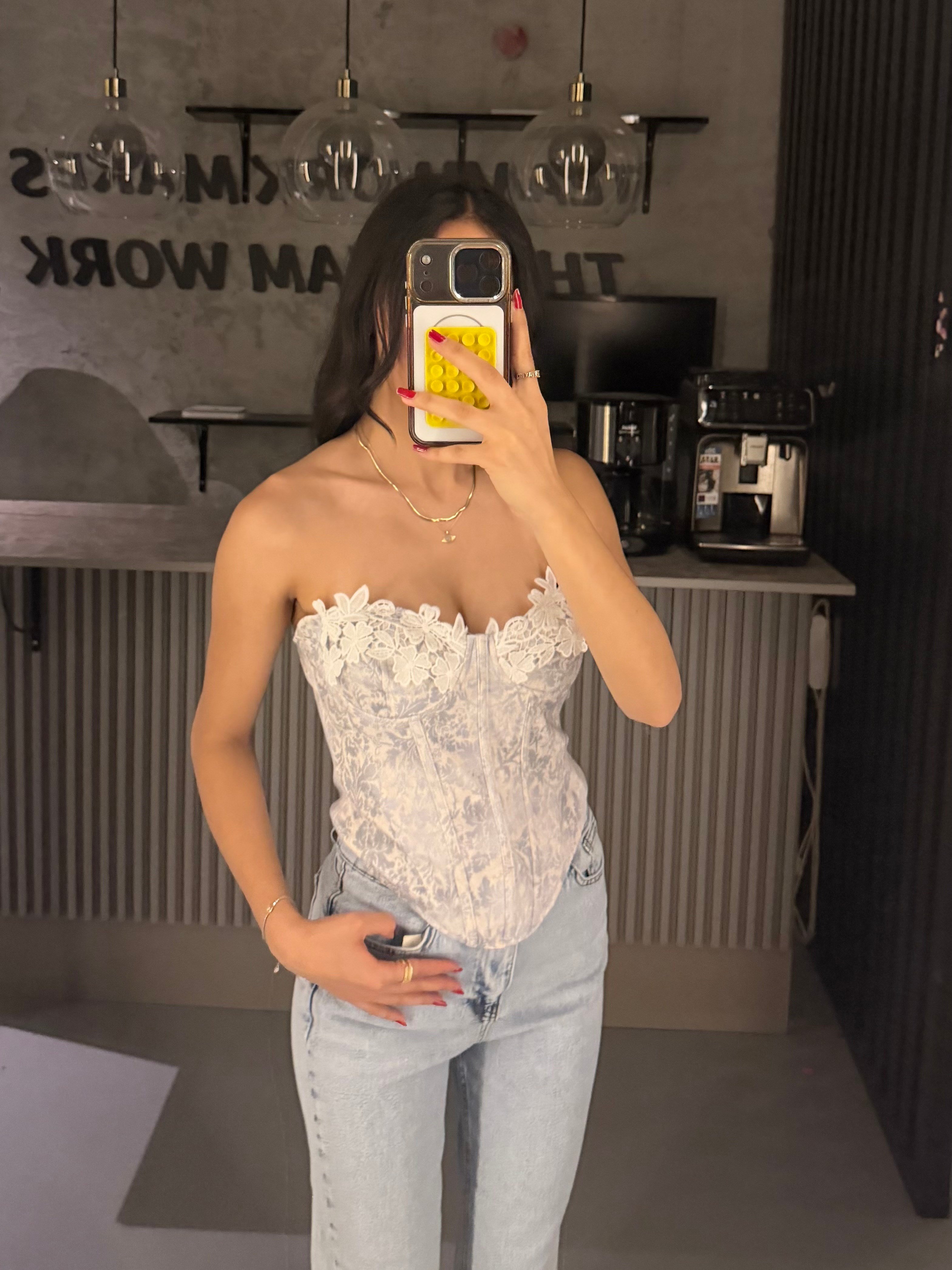 MAVİ ÇİÇEK DESEN  KORSE  BLUZ