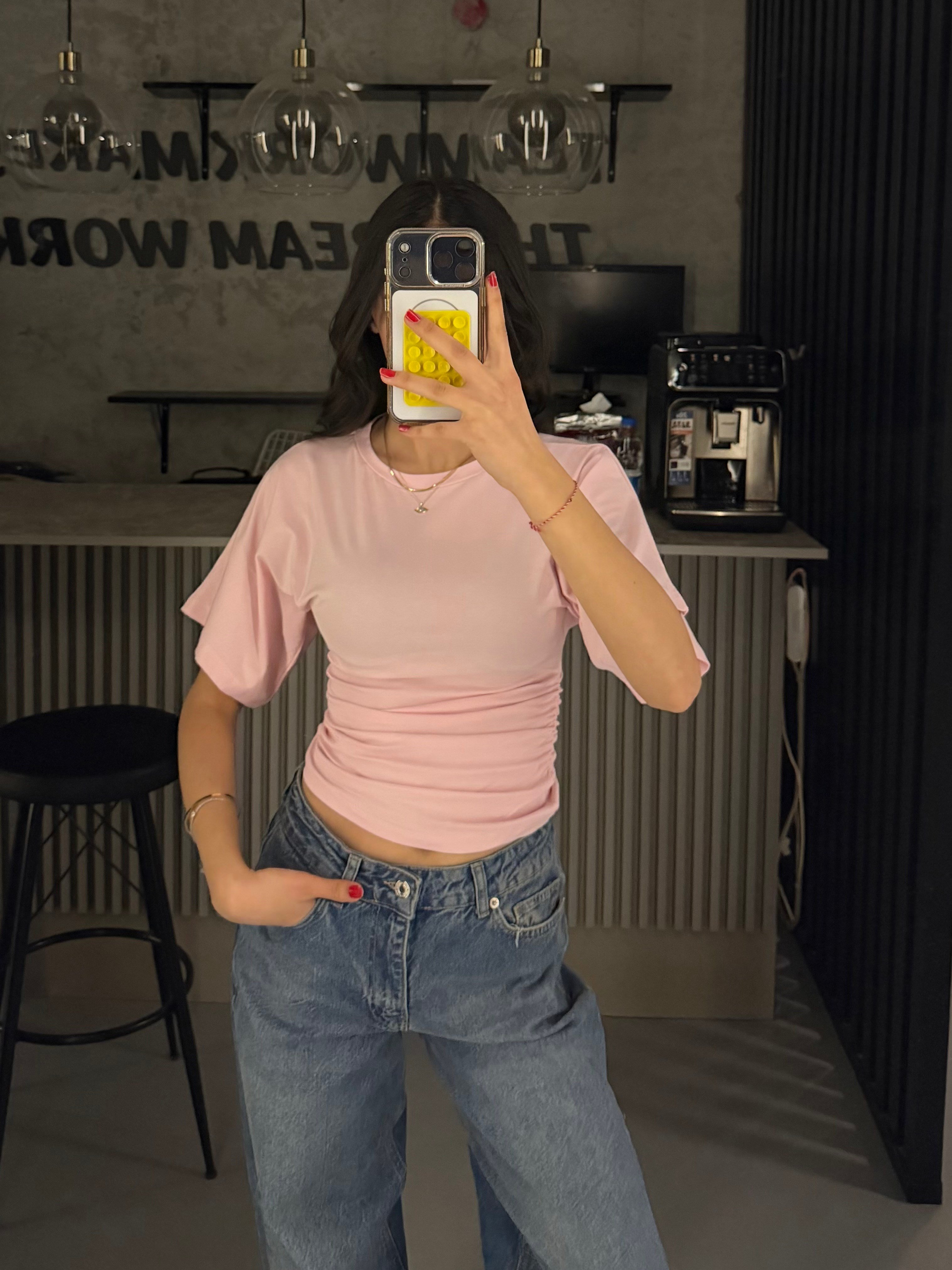 PEMBE BEL KORSELİ KISA KOL BLUZ