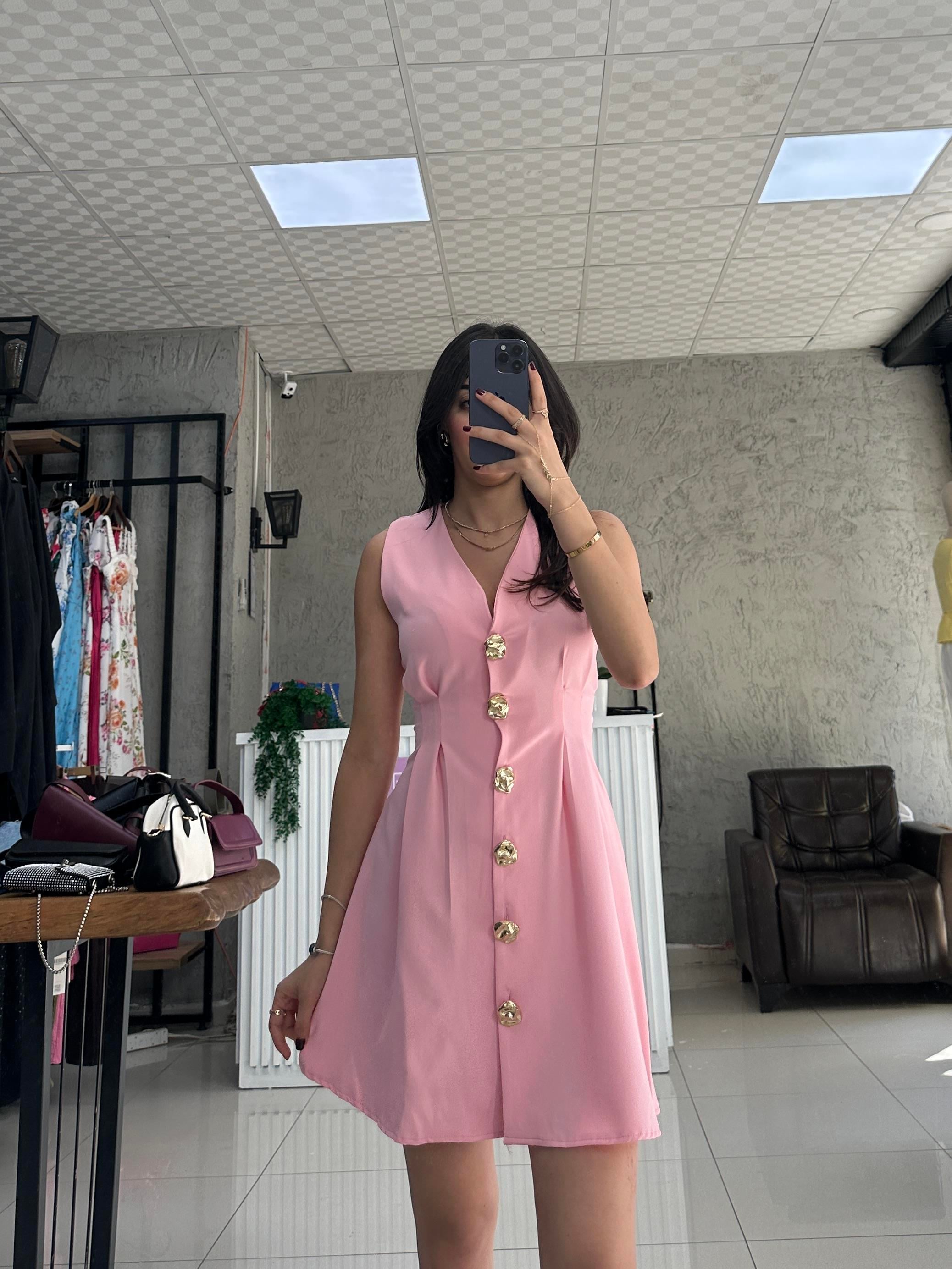 PEMBE GOLD DÜĞMELİ BEL DETAYLI ELBİSE