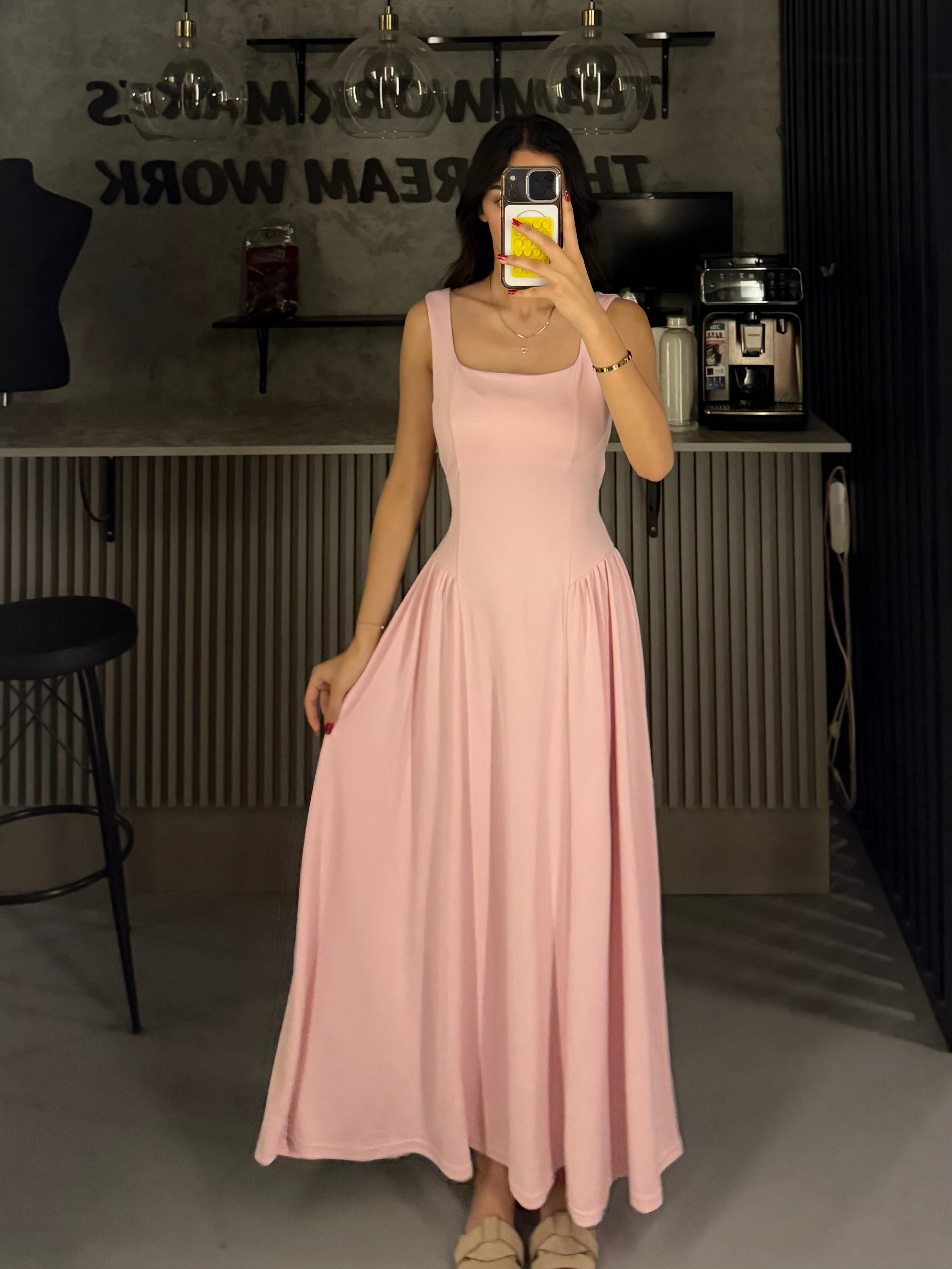 PEMBE MODAL KUMAŞ BEL BAĞLAMALI  ELBİSE 