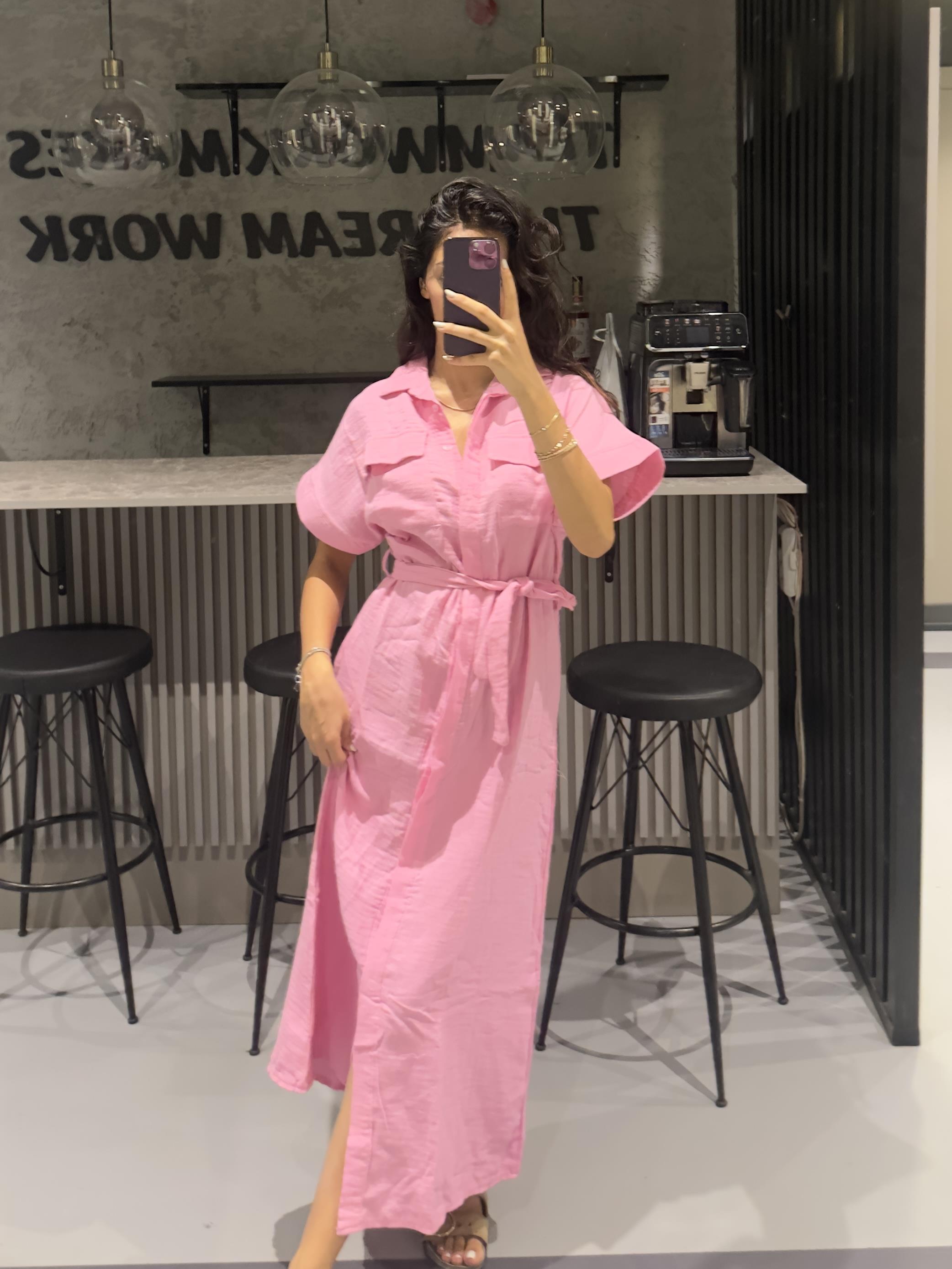 PEMBE MÜSLİN KUMAŞ BAĞLAMALI ELBİSE