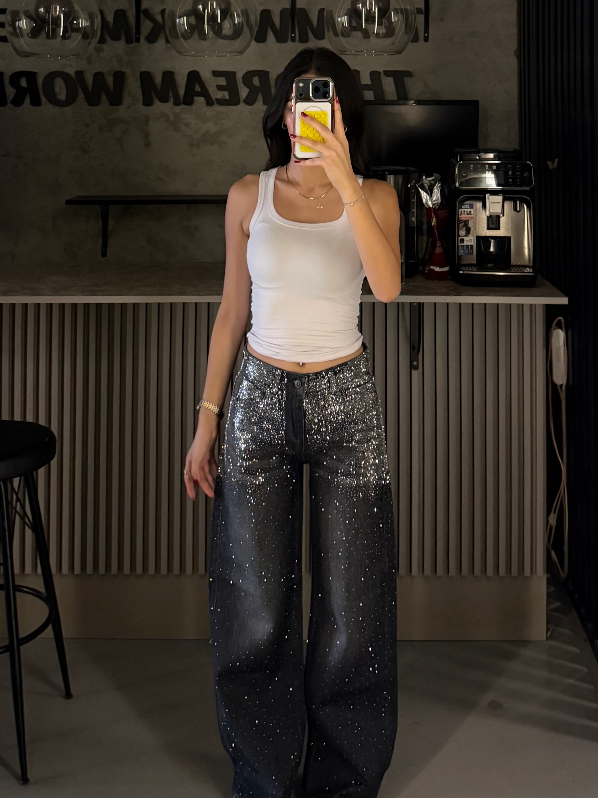 PİNTEREST TAŞLI  GRİ WIDE LEG JEAN