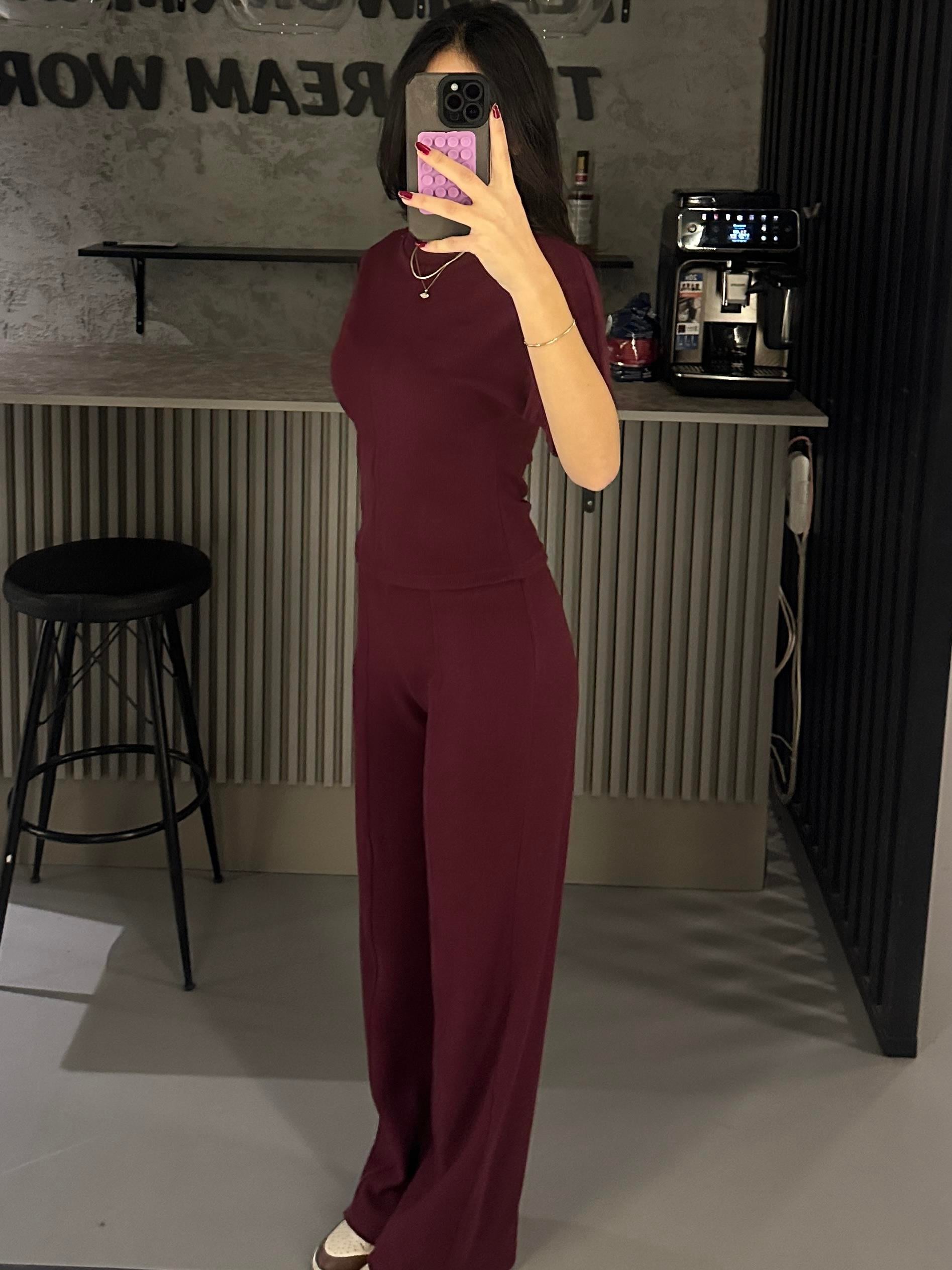 SELANİK KUMAŞ BORDO KISA KOL BEL DETAY TAKIM