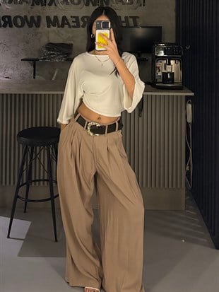 BEJ DÖKÜM KEMERLİ PANTOLON