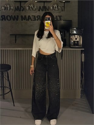 FULL TAŞLI ANTRASİT DİZ YOĞUNLUKLU WIDE LEG JEAN