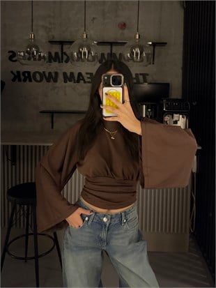 KAHVE BEL KORSE BÜZGÜLÜ İSPANYOL KOL BLUZ 
