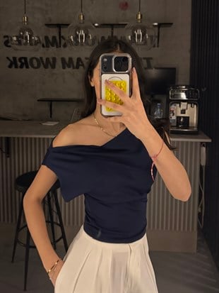 LACİVERT BEL KORSELİ KAYIK YAKA BLUZ