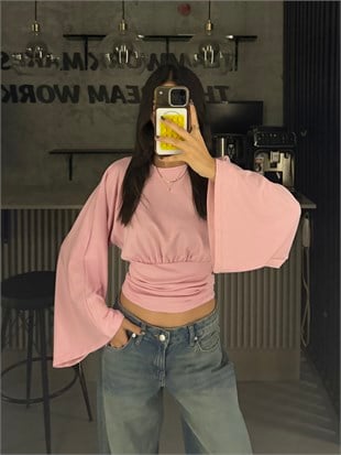PEMBE BEL KORSE BÜZGÜLÜ İSPANYOL KOL BLUZ 