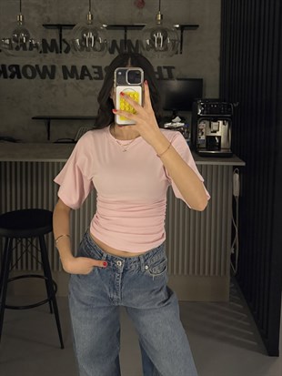PEMBE BEL KORSELİ KISA KOL BLUZ