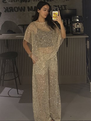 TAŞ RENGİ ASTARLI PULLU PANTOLON