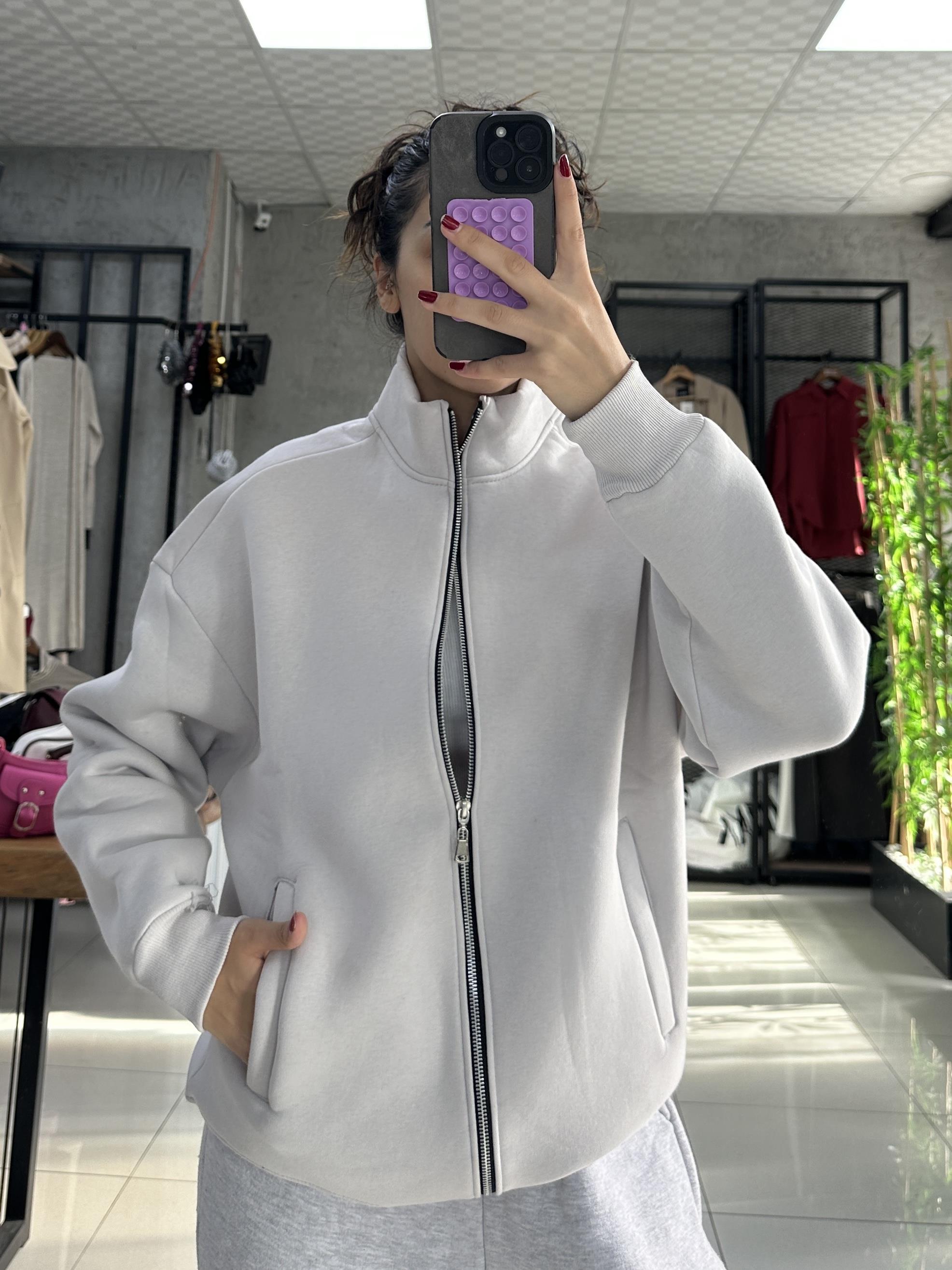 3 İPLİK GRİ  DİK YAKA FERMUARLI SWEATSHIRT