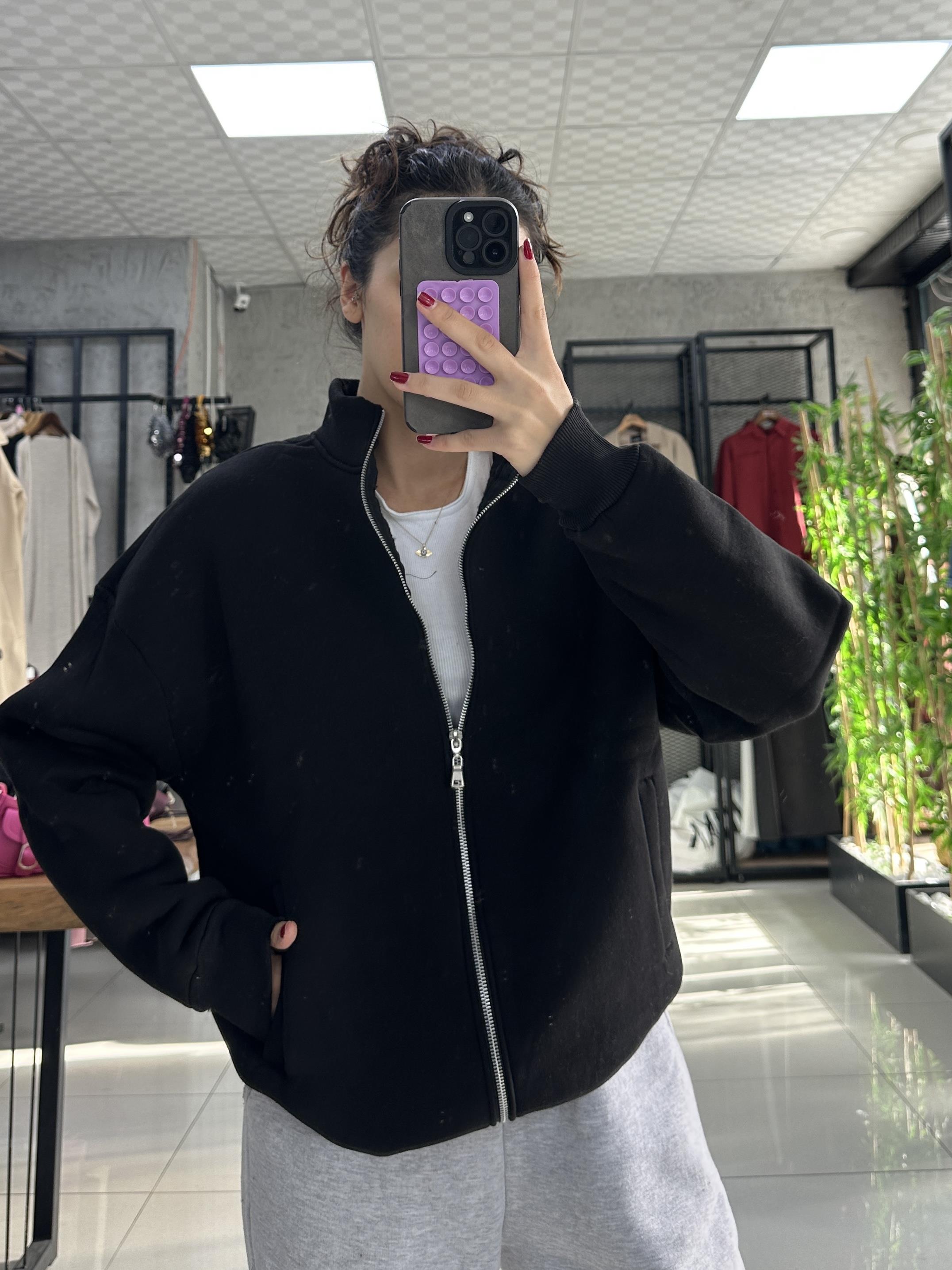 3 İPLİK SİYAH DİK YAKA FERMUARLI SWEATSHIRT