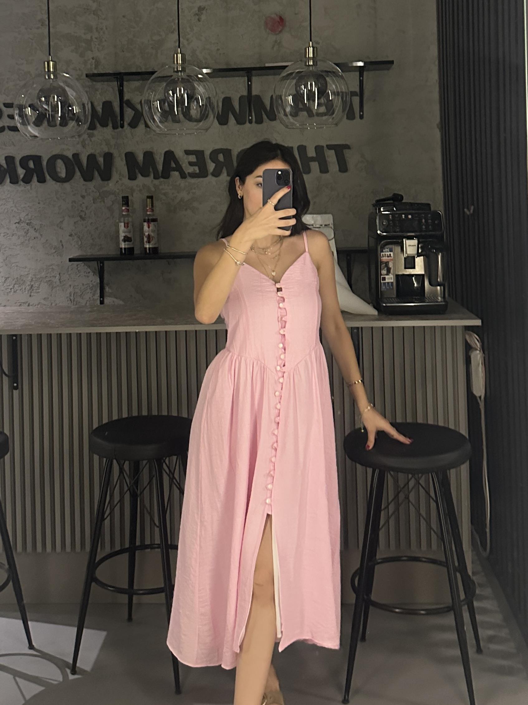 ASKILI ASTARLI PEMBE ELBİSE