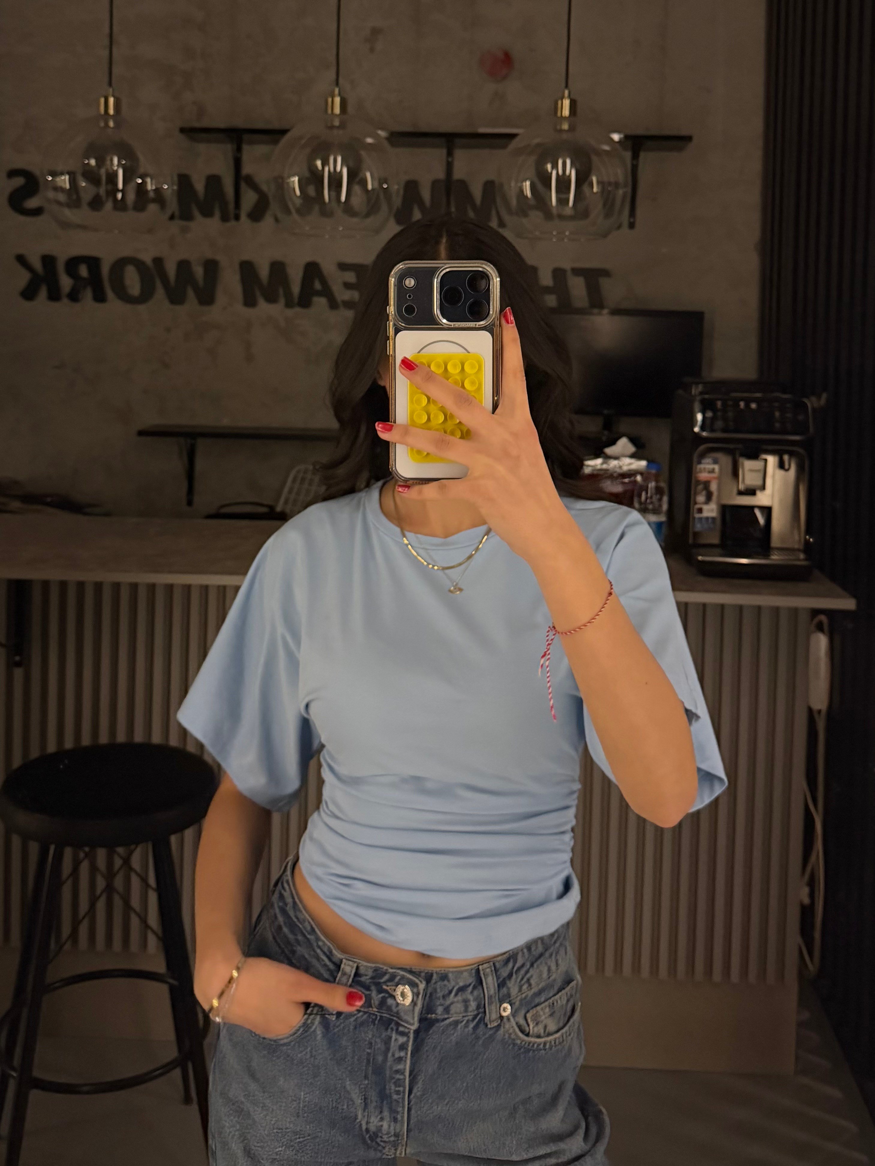 BEBE MAVİSİ BEL KORSELİ KISA KOL BLUZ