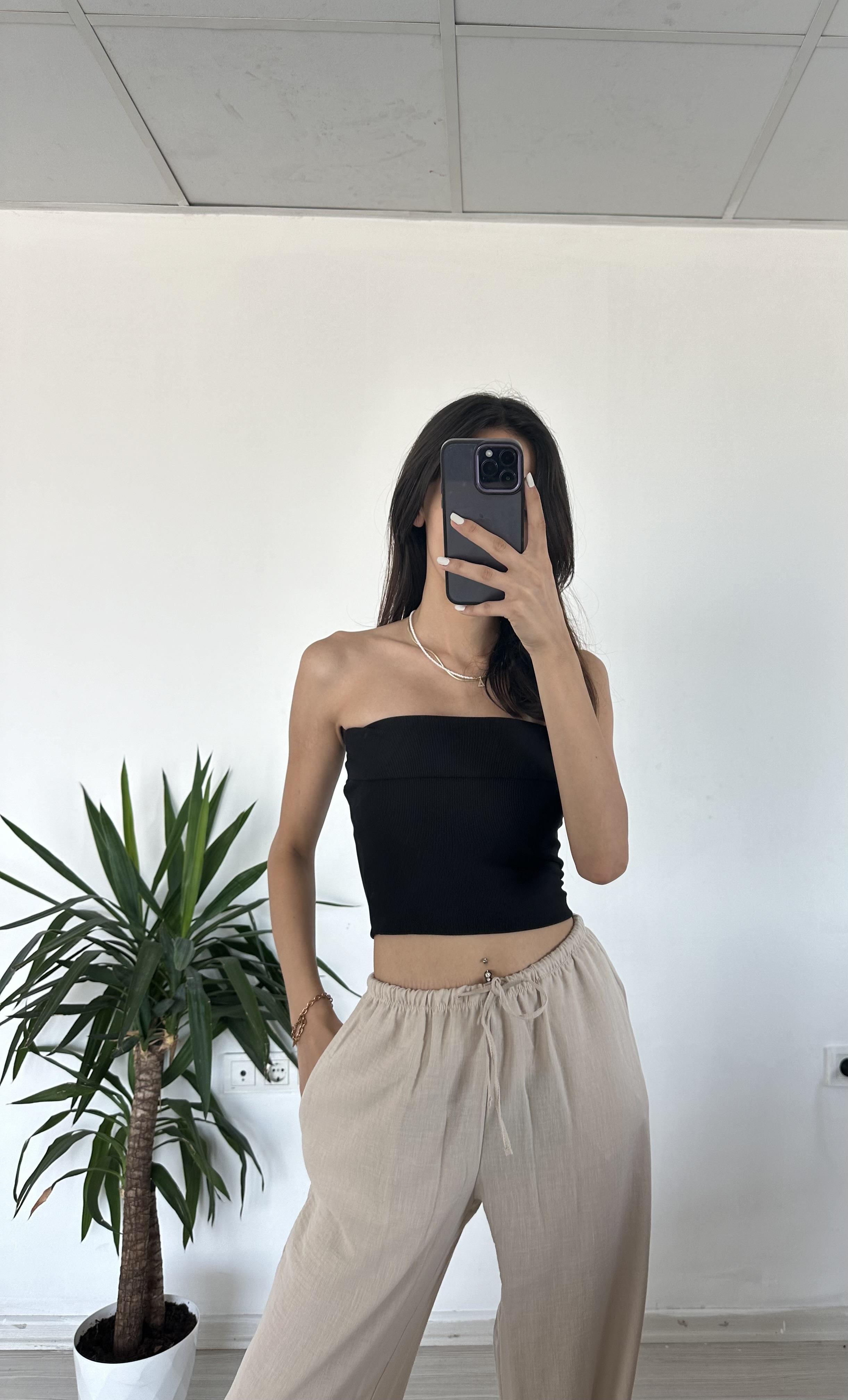 BERSHKA SİYAH BASİC STRAPLEZ CROP
