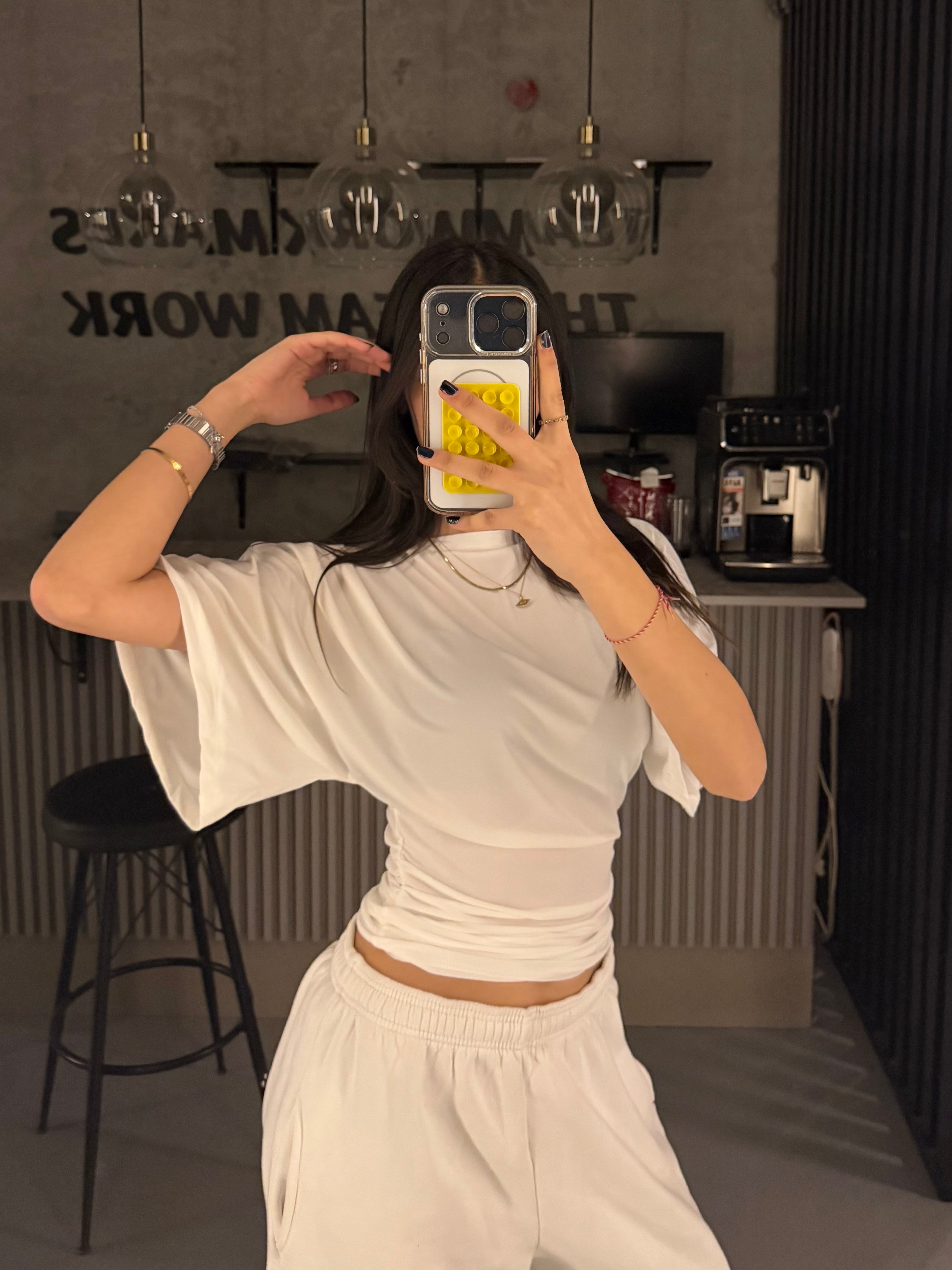 BEYAZ SANDY KUMAŞ BEL KORSELİ KISA KOL BLUZ