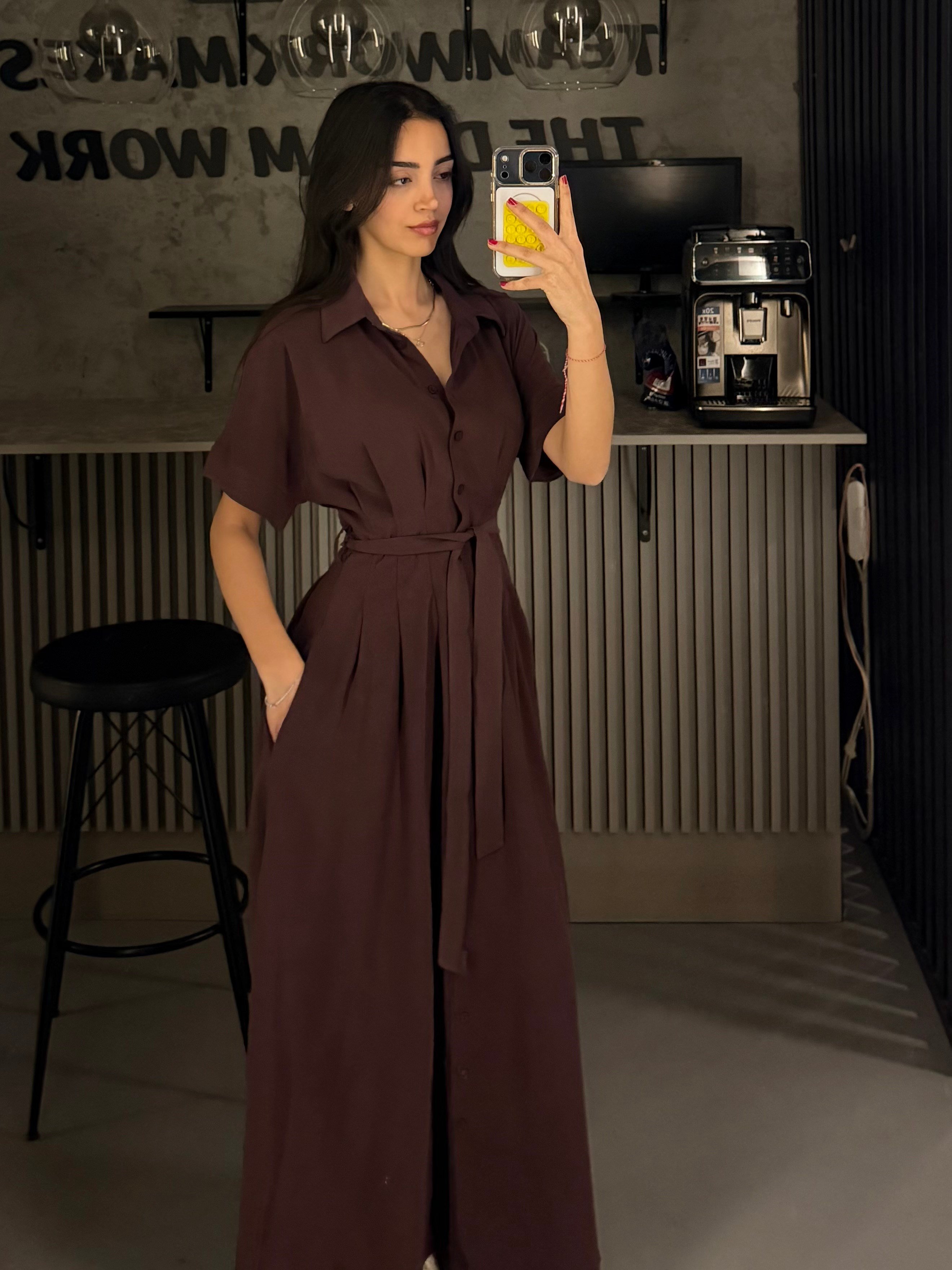BORDO DÜĞMELİ BEL DETAY MAXİ BOY ELBİSE 