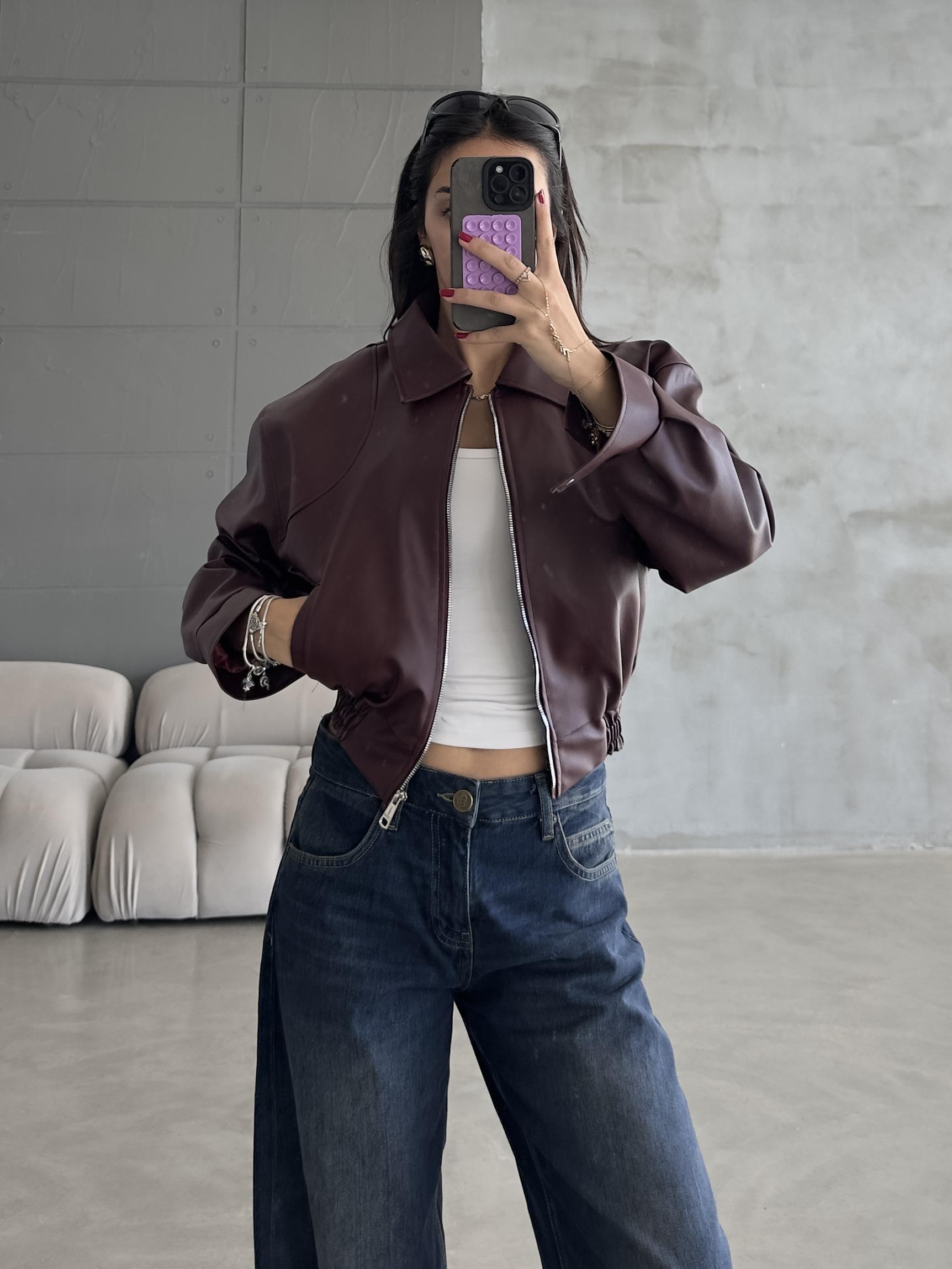 BORDO KISA BOMBER DERİ CEKET
