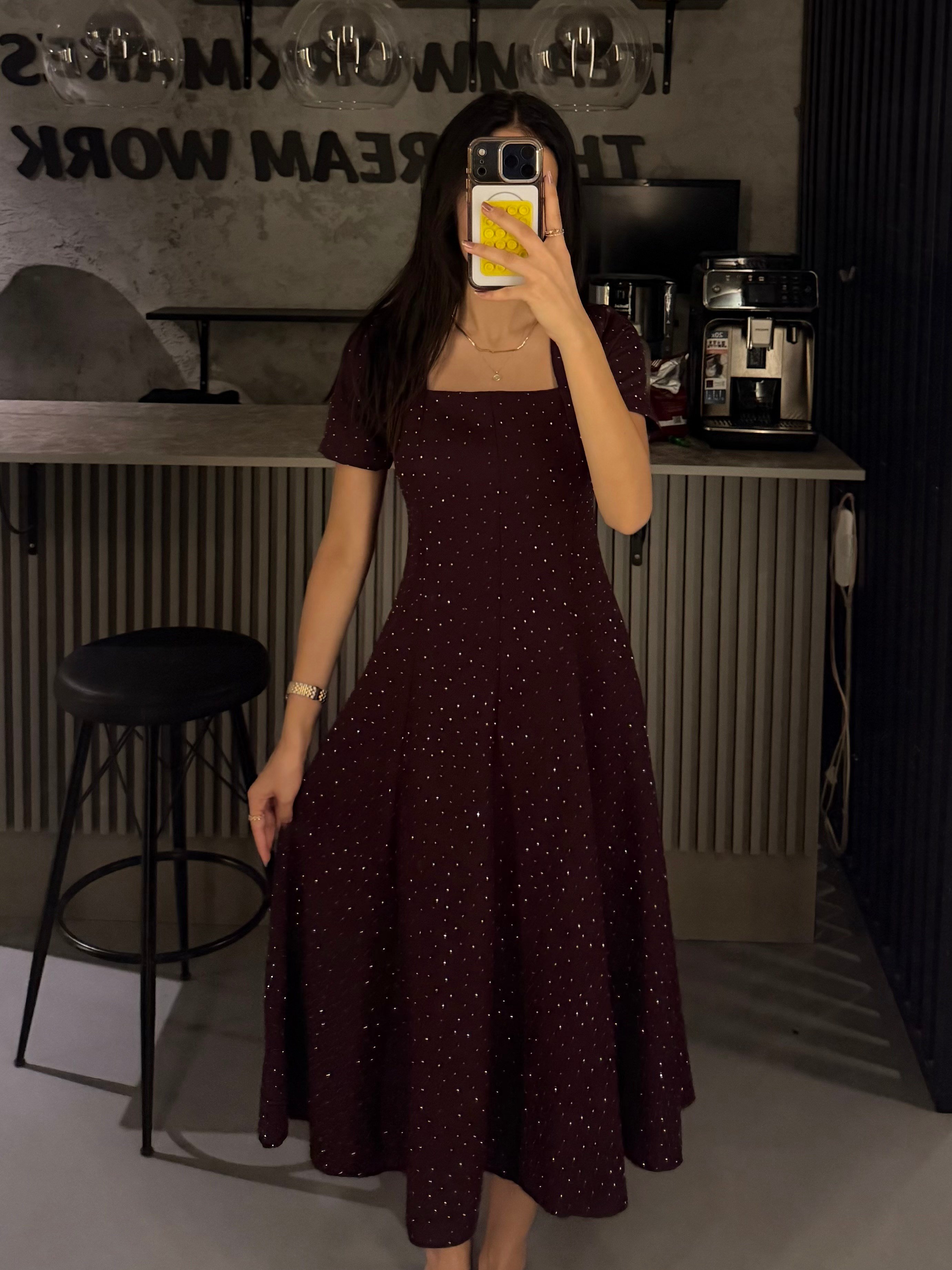 BORDO TAŞLI KARE YAKA  ELBİSE 