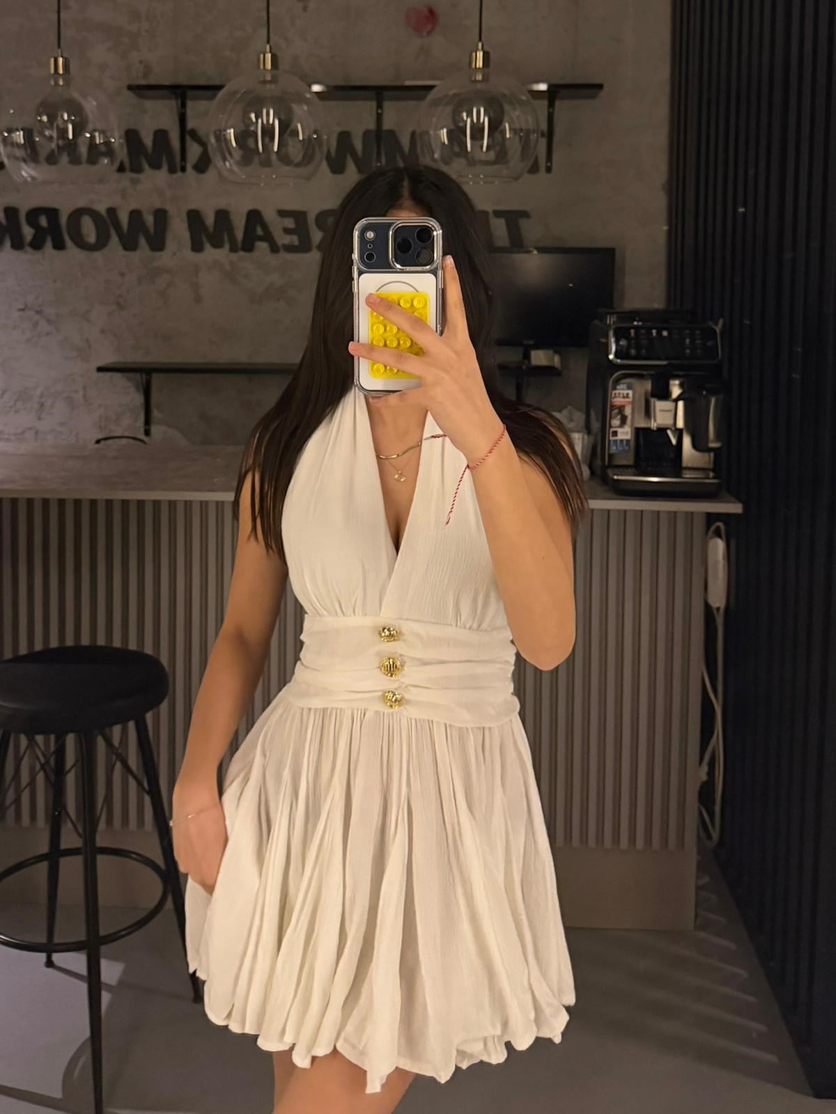 BOYUN BAĞLAMALI GOLD DETAY ELBİSE